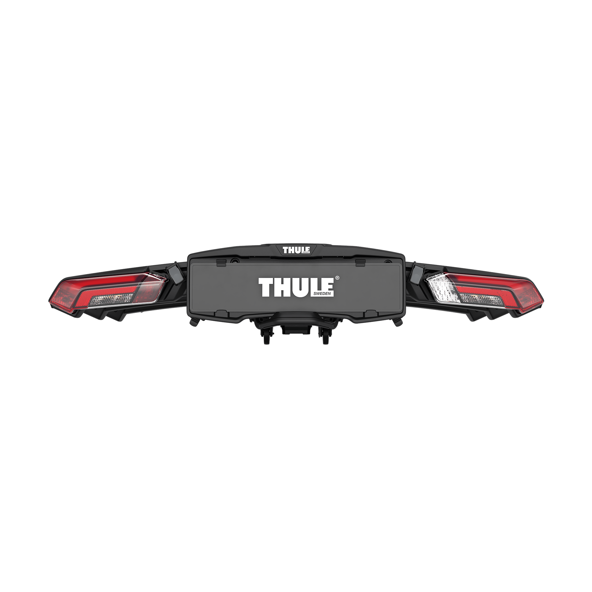 Black Thule Epos 3-bike 13-pin towbar bike rack with red taillights and white Thule logo.