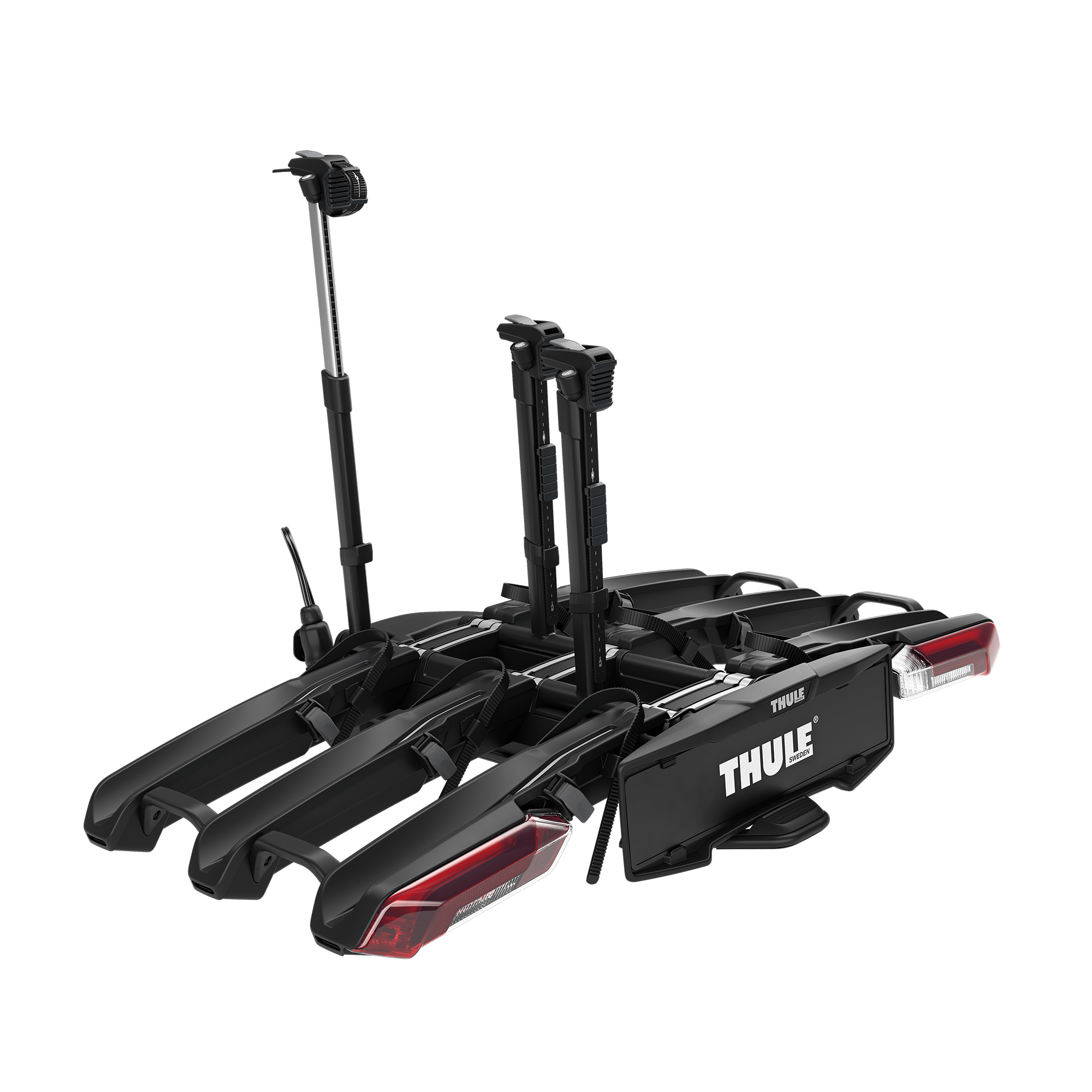 Thule Epos 3-bike 13-pin black bike rack with telescopic arms and integrated taillights.