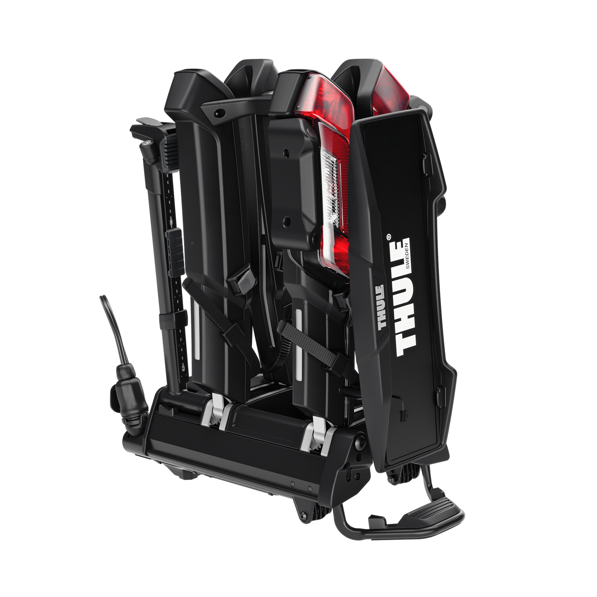 Black Thule Epos ParkSecure 2B RHD towbar bike carrier, folded compact with red taillights and white logo.