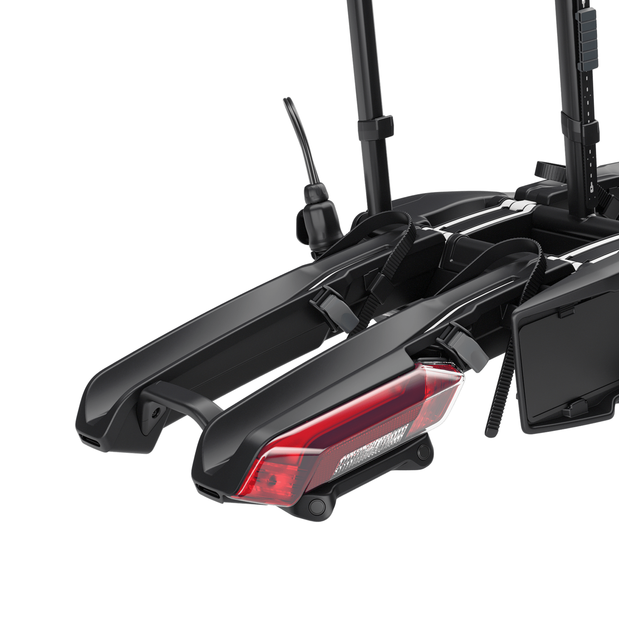 Black Thule Epos ParkSecure 2B RHD towbar bike carrier with red tail light, steel construction, and two bike slots.
