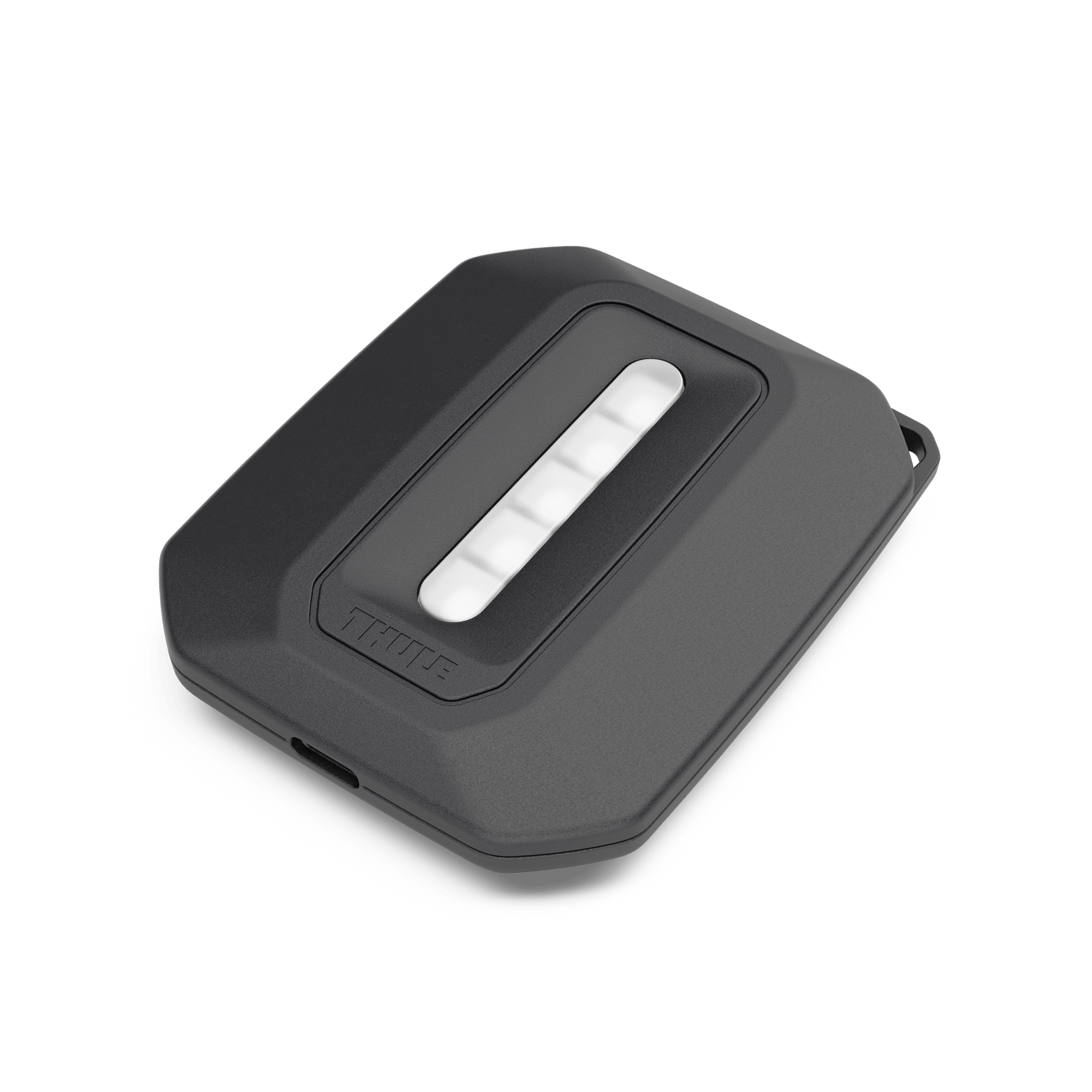 Thule Epos ParkSecure 3B RHD remote control, dark gray with white buttons and Thule logo.