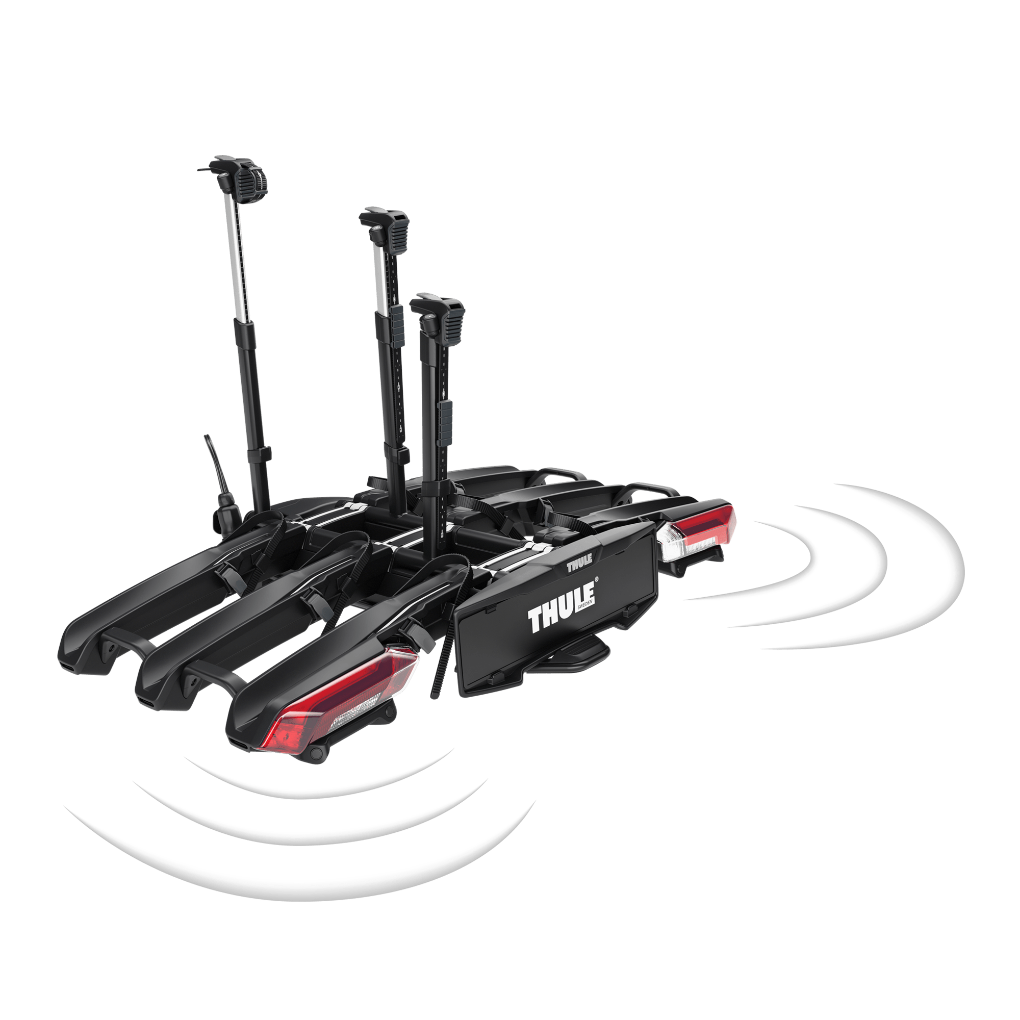Black Thule Epos ParkSecure 3B RHD towbar bike carrier with integrated taillights and parking sensors.