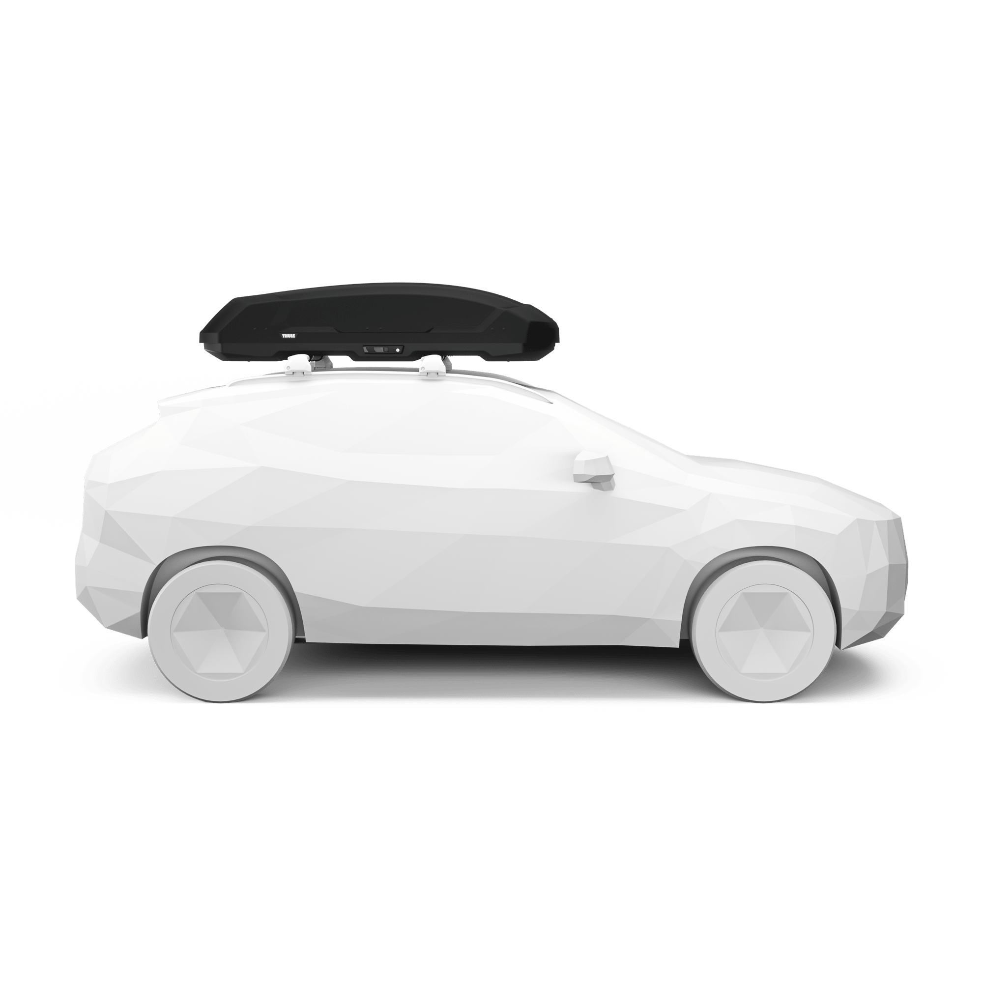 Black Thule Force 3 L roof cargo box on a white low-poly car, showcasing its sleek, durable design.