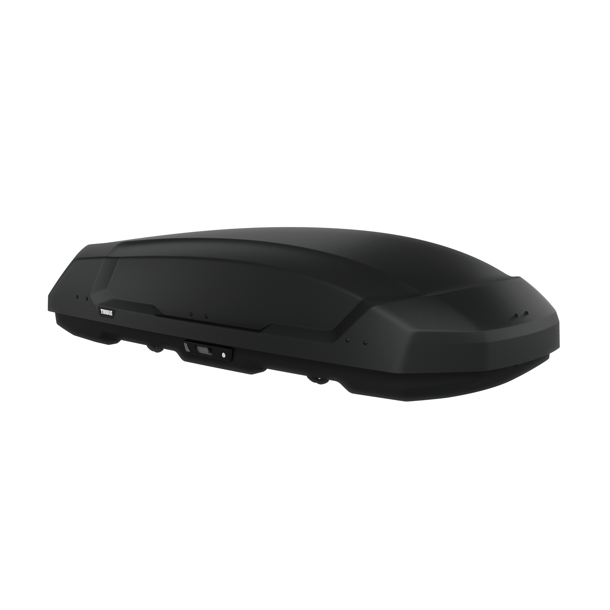 Sleek black Thule Force 3 L roof cargo box made from durable ABS plastic, showing its aerodynamic design.