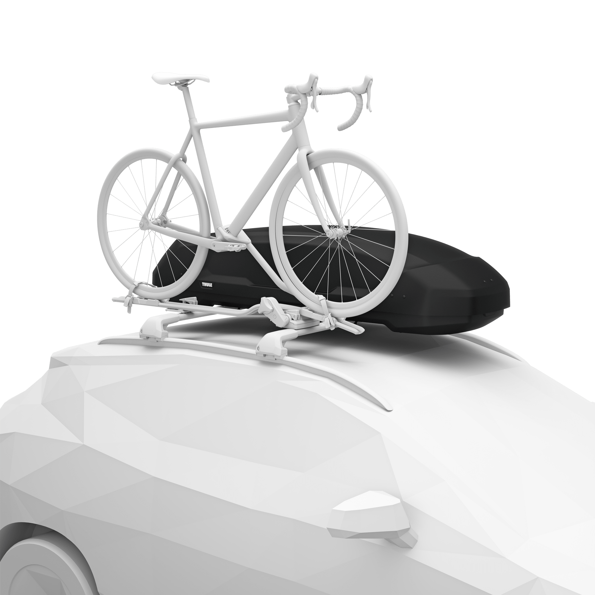 Black Thule Force 3 L Sport roof cargo box and white bicycle on a white car's roof rack.