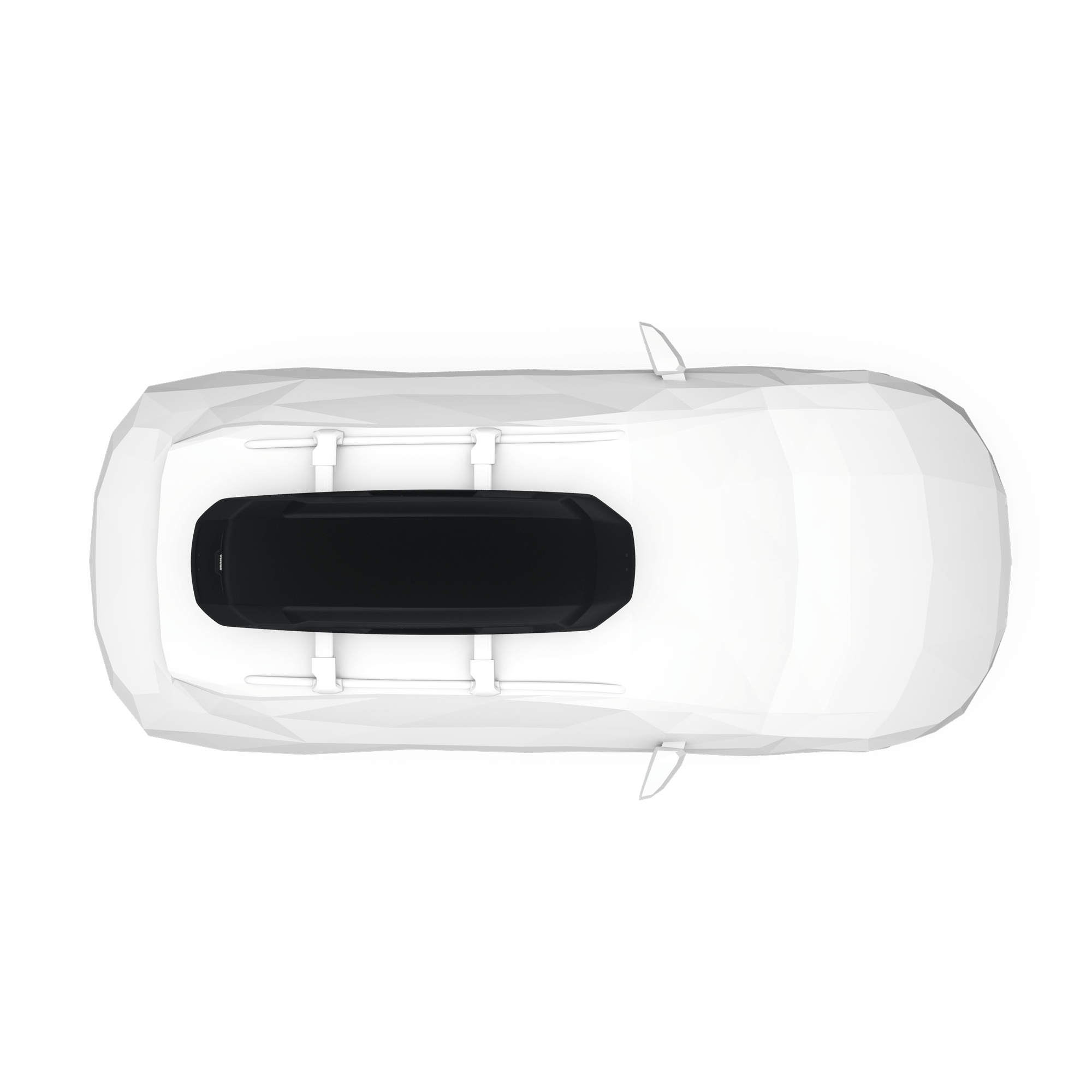 Black Thule Force 3 L Sport cargo box on a white car roof, top-down view.