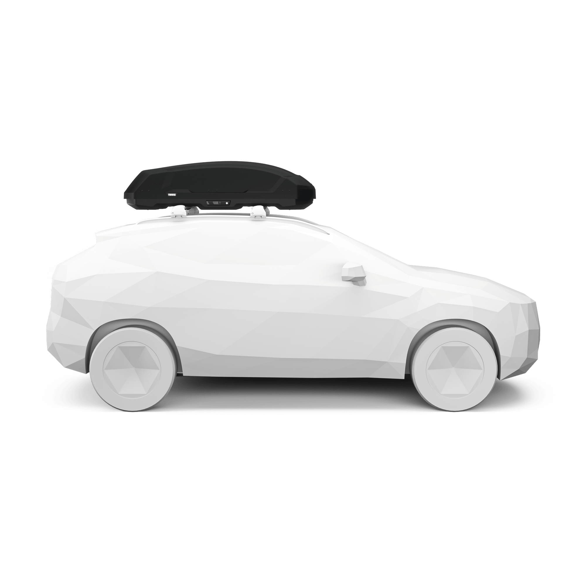 Sleek black Thule Force 3 M cargo box on a white car, showcasing its aerodynamic design.