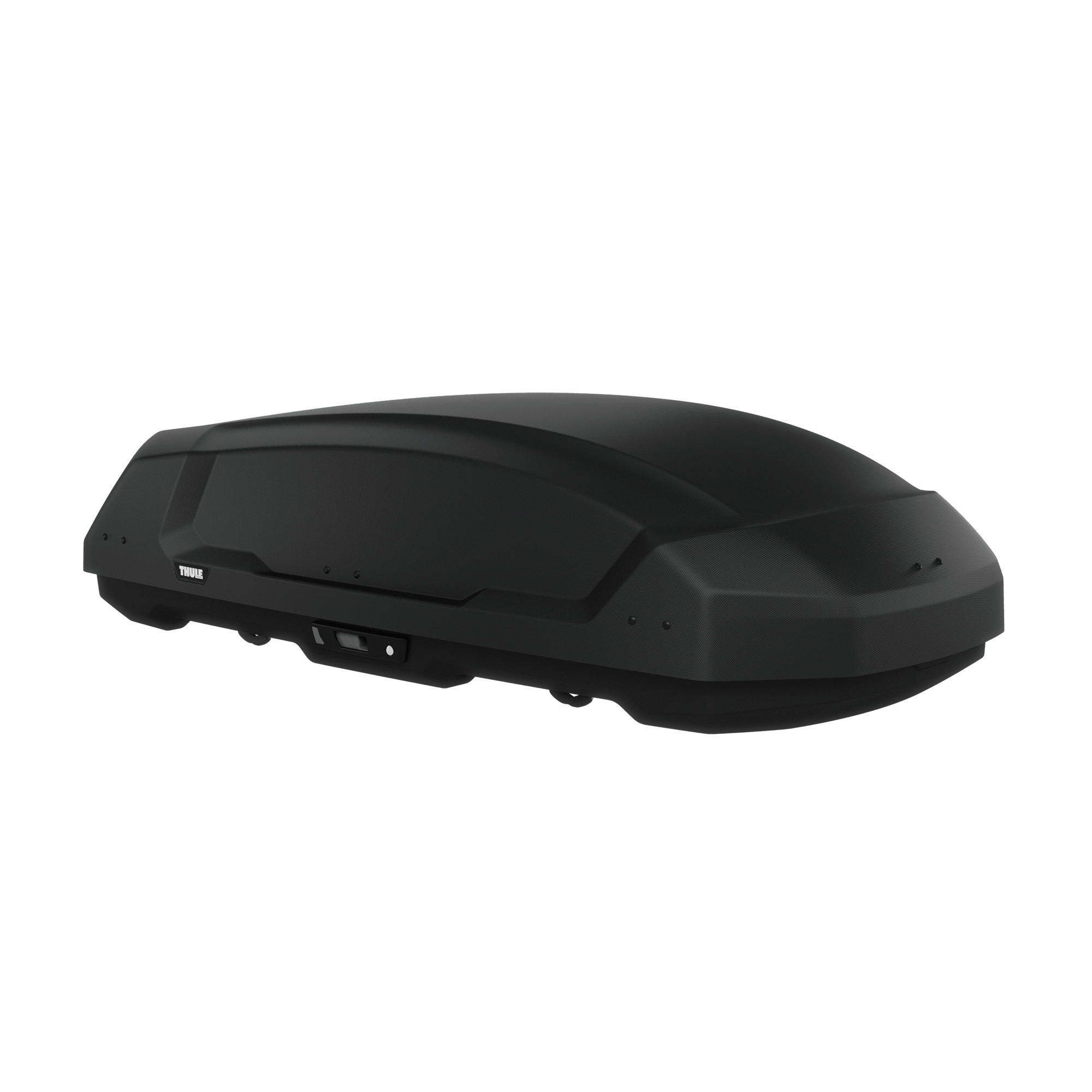 Sleek black Thule Force 3 M roof cargo box made of rugged ABS plastic, 400L capacity.