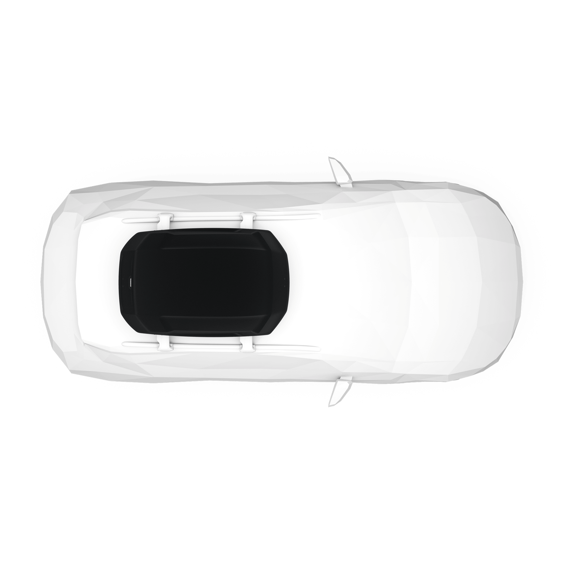 Top-down view of a white car with a sleek, black Thule Force 3 S roof cargo box.