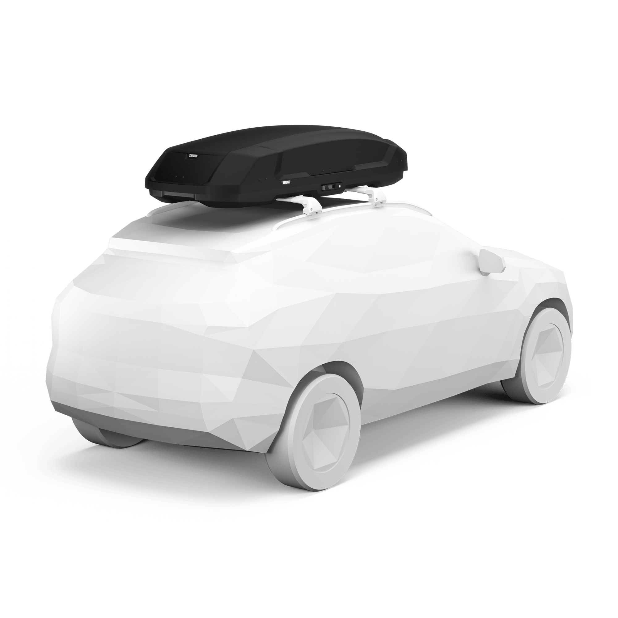 Black Thule Force 3 XL roof cargo box mounted on a white car, showcasing its sleek, aerodynamic design.