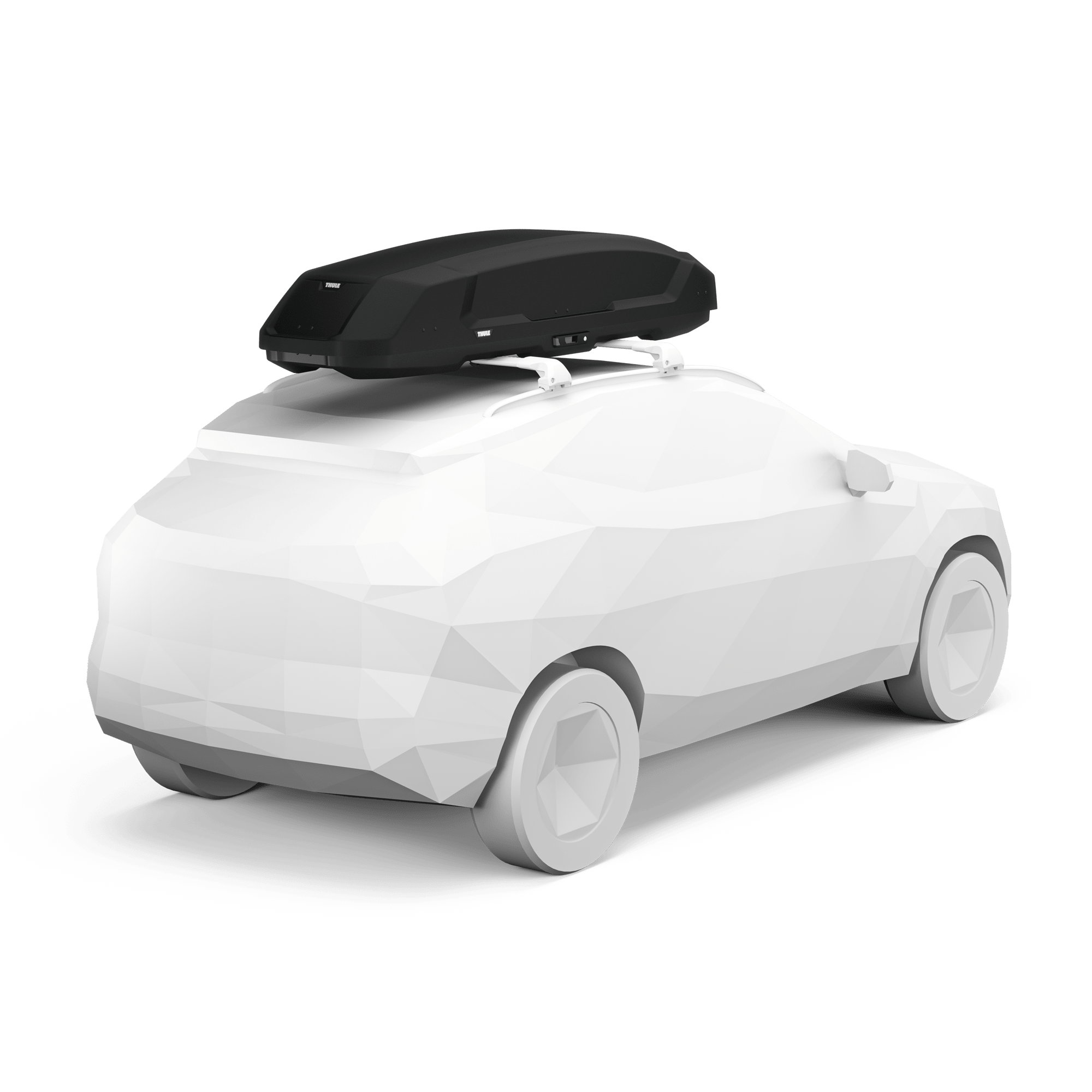Black Thule Force 3 XXL Sport cargo box on a white car roof, showing its sleek, forward-leaning design.