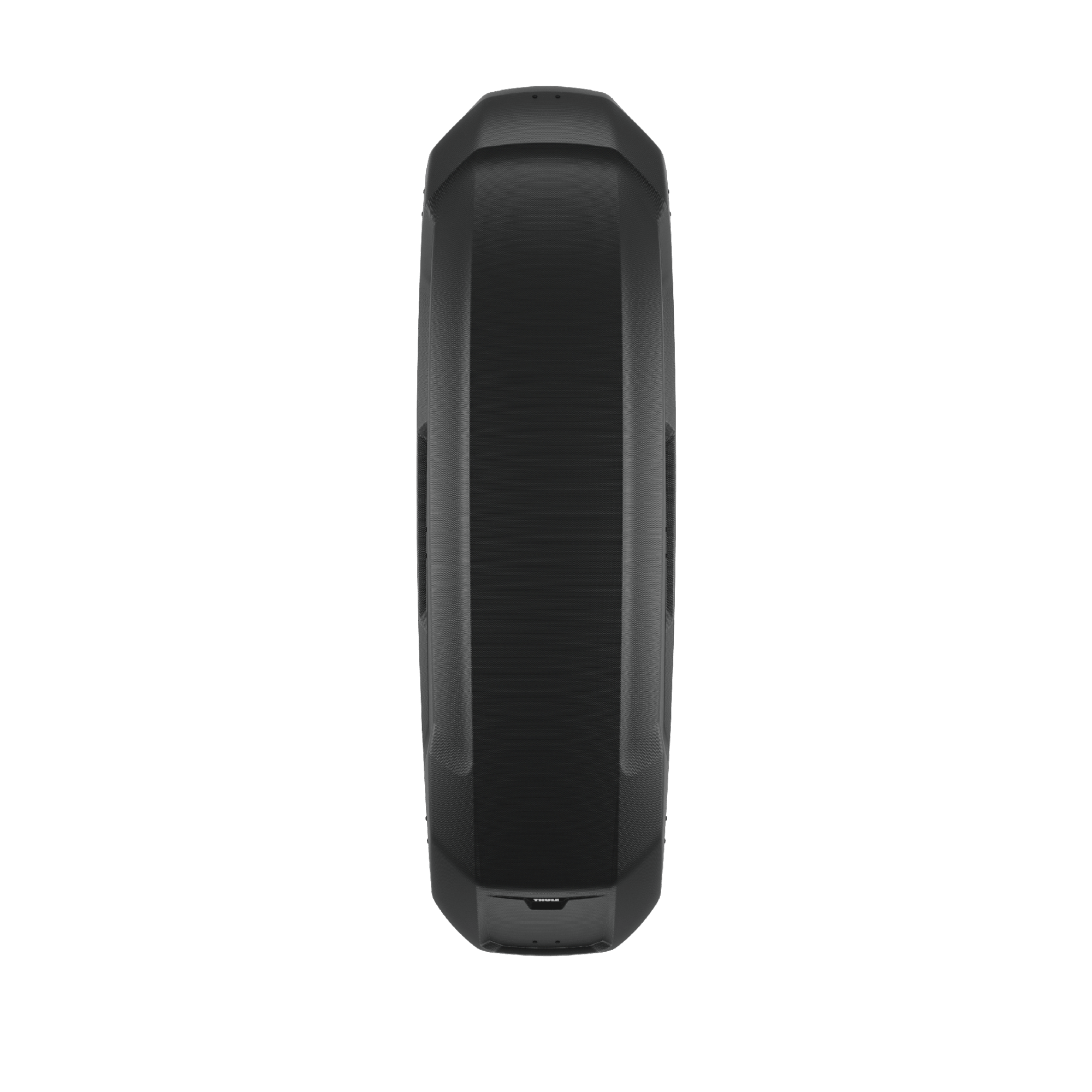 Top-down view of a sleek, black Thule Force 3 XXL Sport roof cargo box made from durable ABS plastic.
