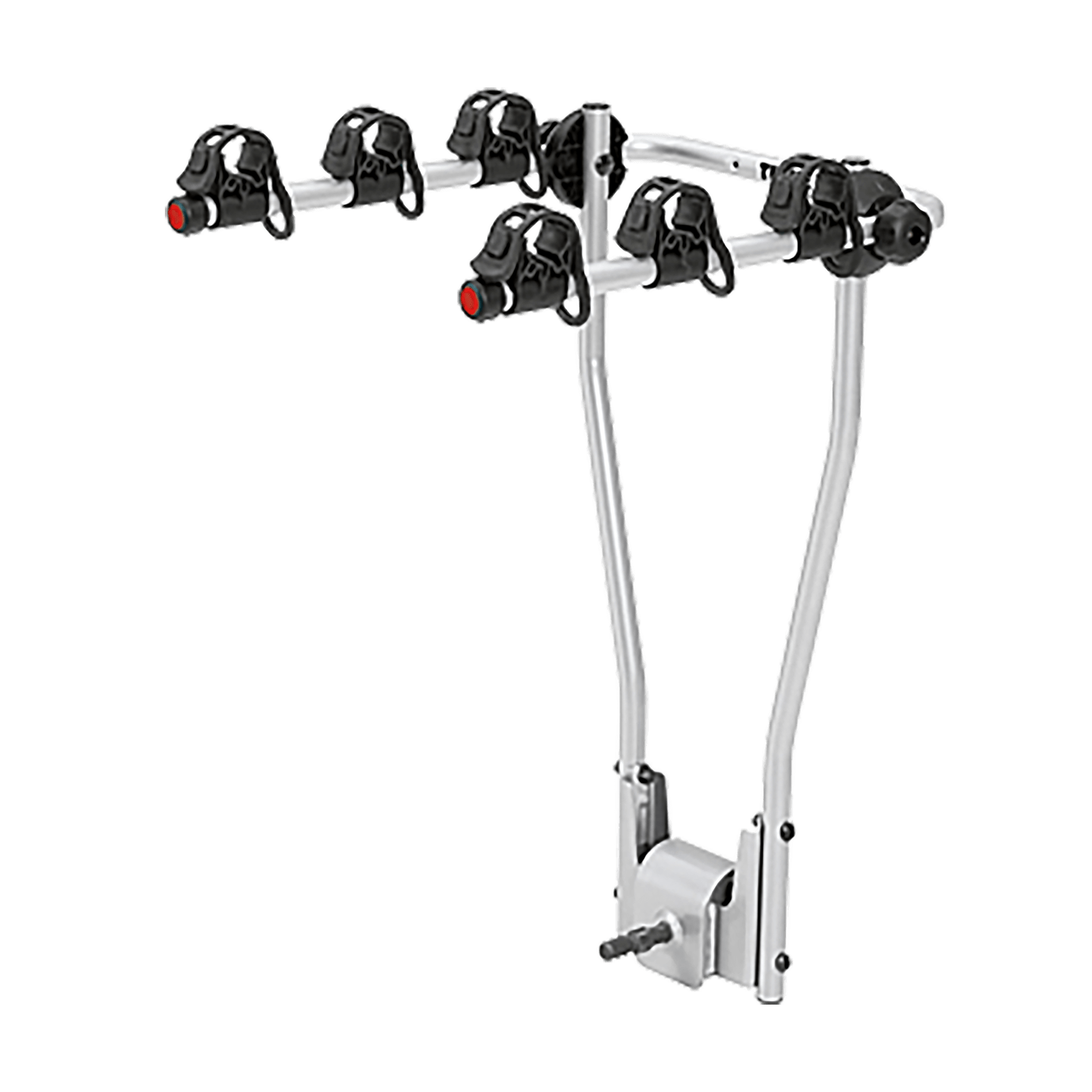 Silver Thule HangOn 3 towbar bike rack for three bicycles, with black cradles and red accents.