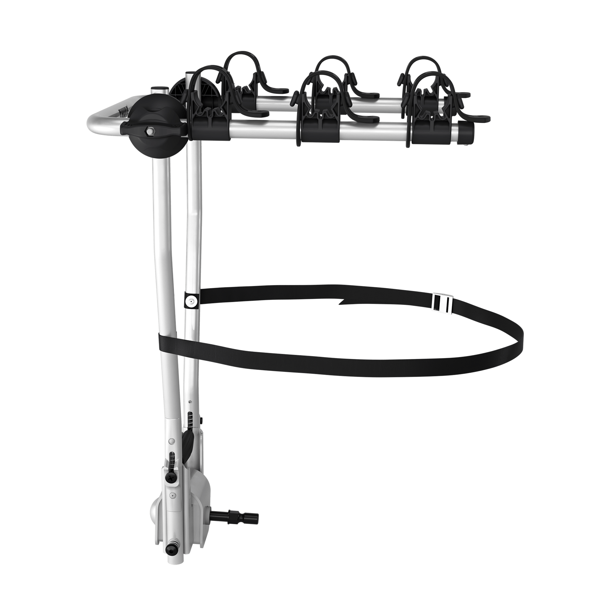 Silver Thule HangOn 3 tilt towbar bike rack for three bikes, with black straps and frame holders.
