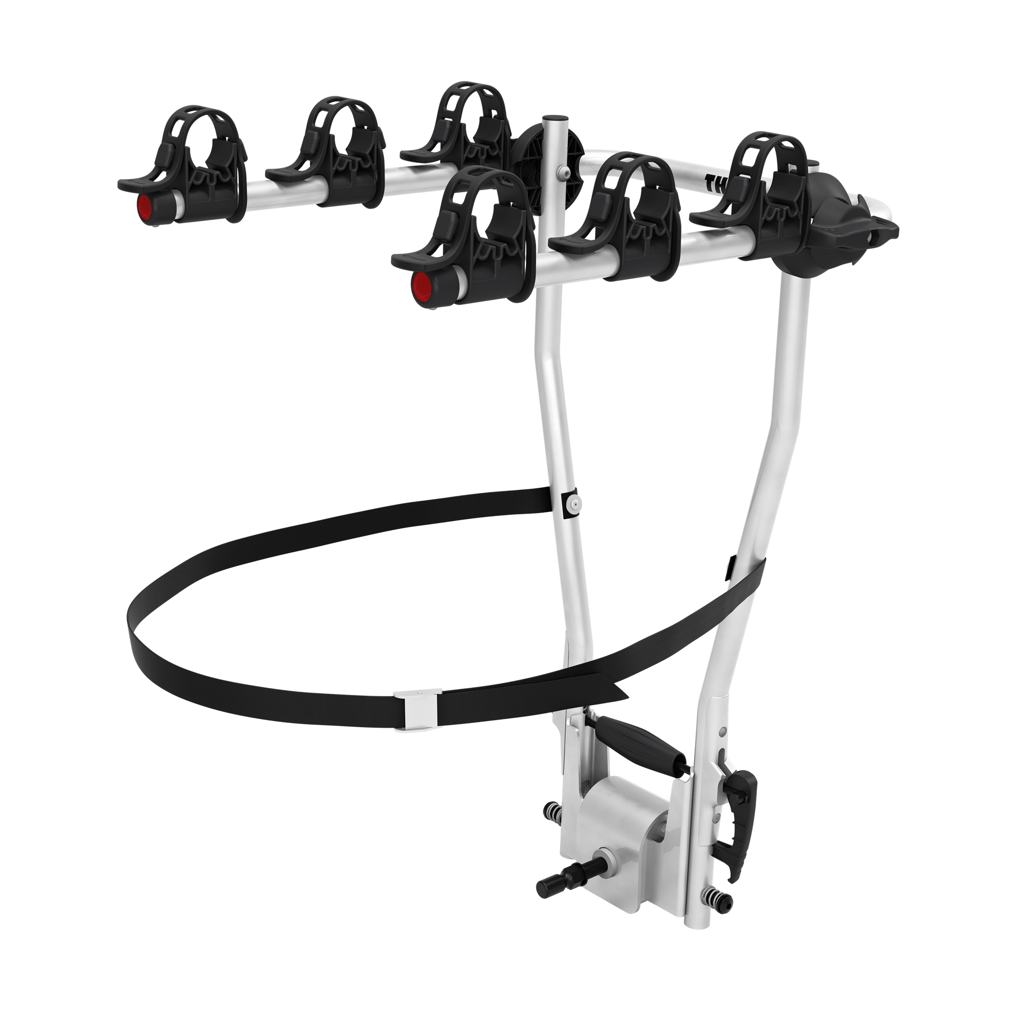 Thule HangOn 3 tilt towbar bike rack in silver and black, designed for three bicycles.