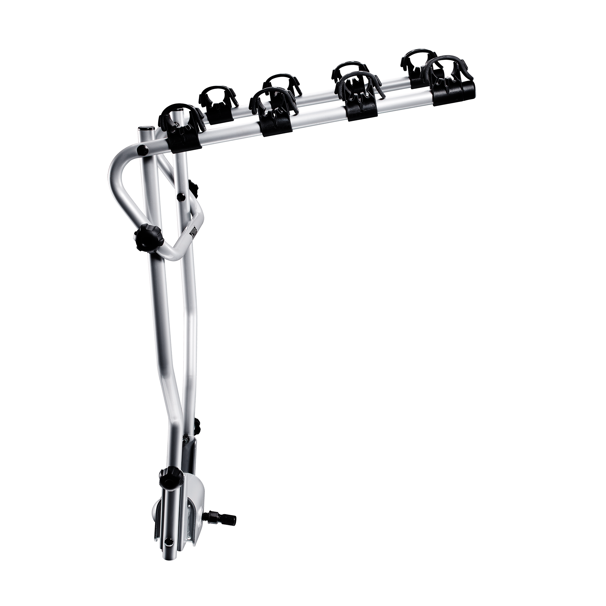 Thule HangOn 4 Tilt silver metal towbar bike rack with black bike holders, designed for four bikes.