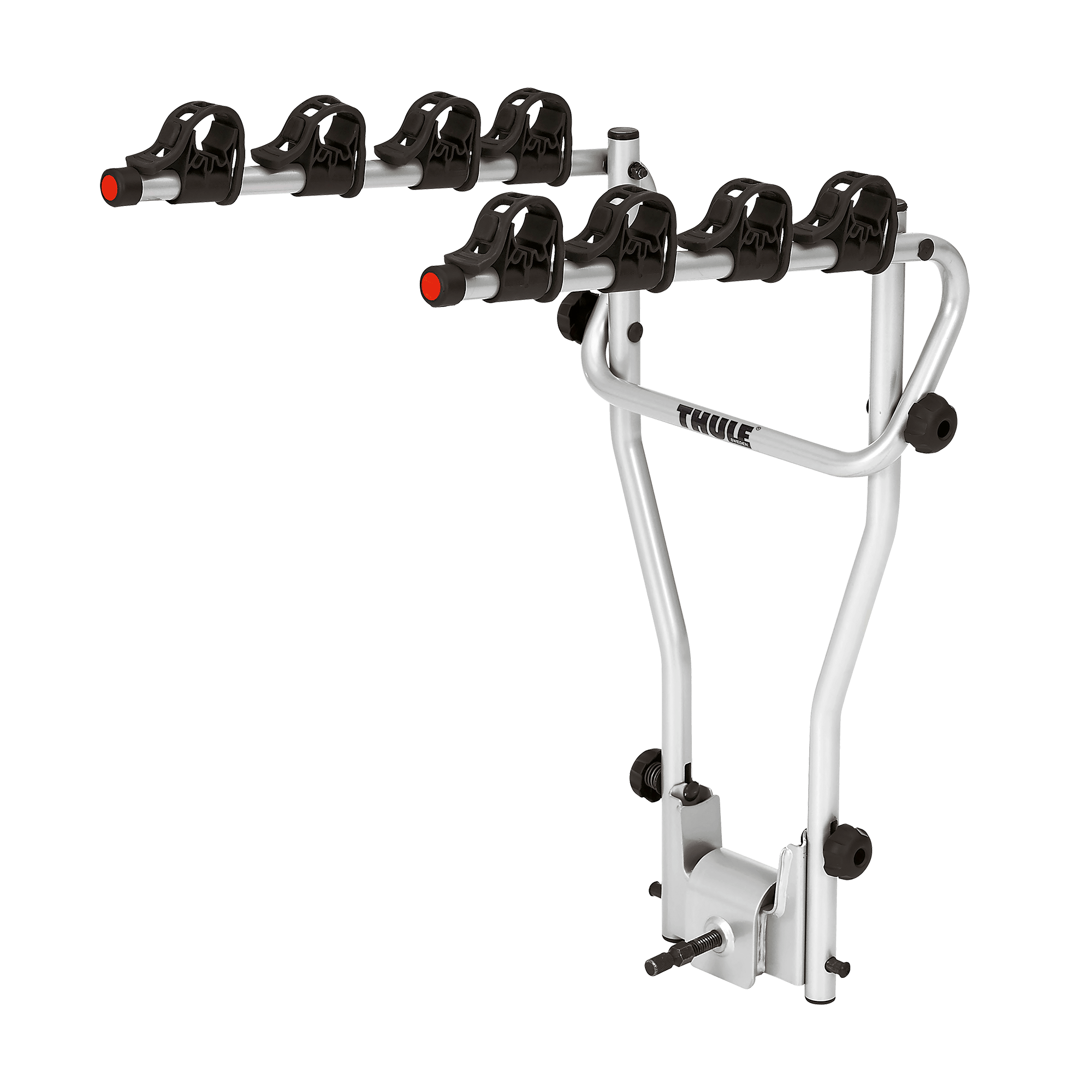 Silver Thule HangOn 4 Tilt towbar bike rack with black cradles and red accents, designed for four bikes.