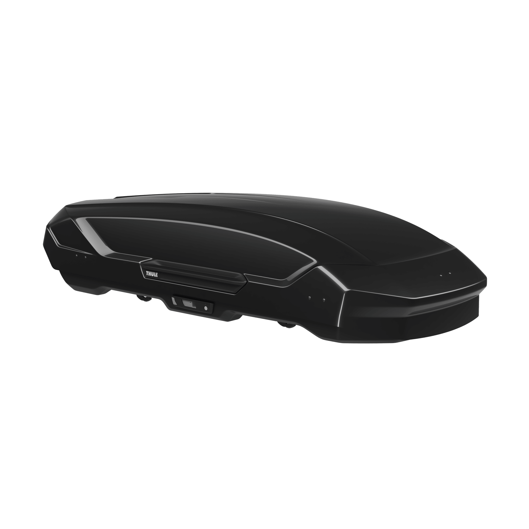 Sleek, glossy black Thule Motion 3 L roof box with an aerodynamic, wing-shaped design.