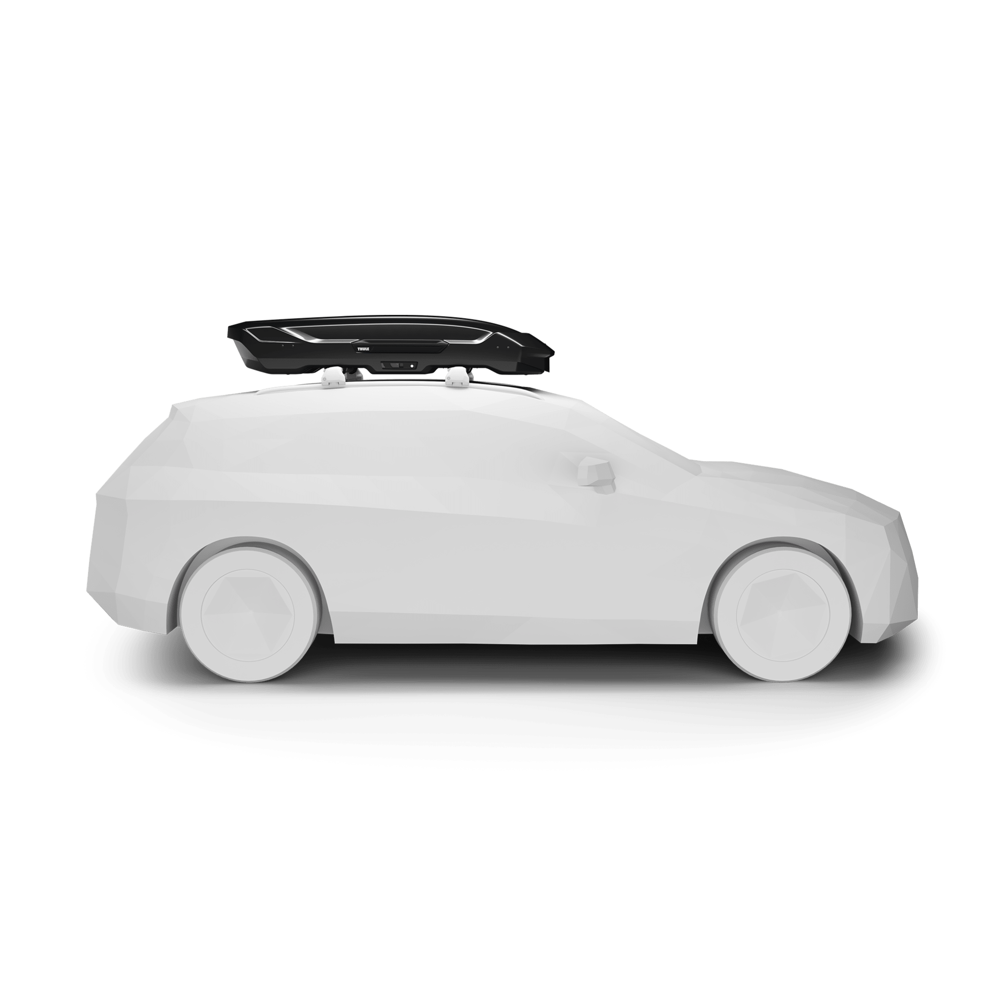Black Thule Motion 3 L Low roof box with aerodynamic, wing-shaped design on a white car.