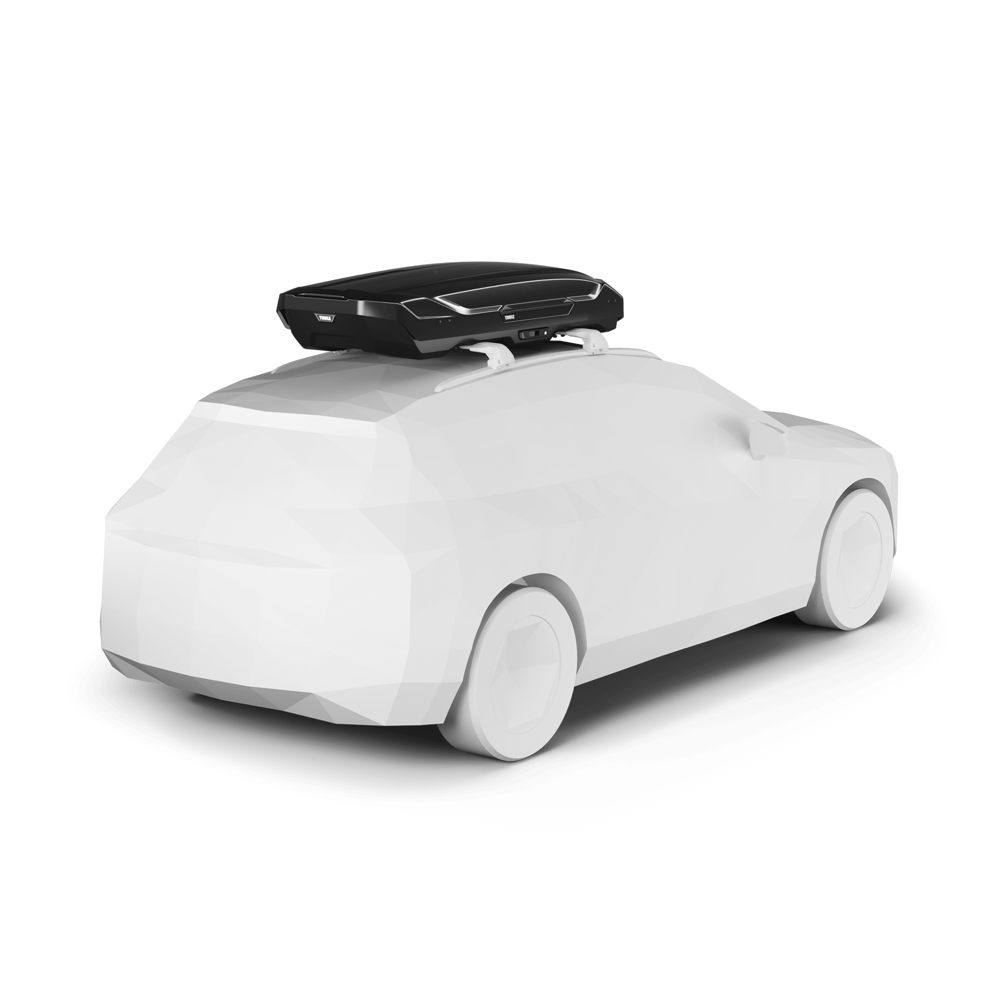 Sleek black Thule Motion 3 L Low roof box on a white car, showcasing its aerodynamic, low-profile design.