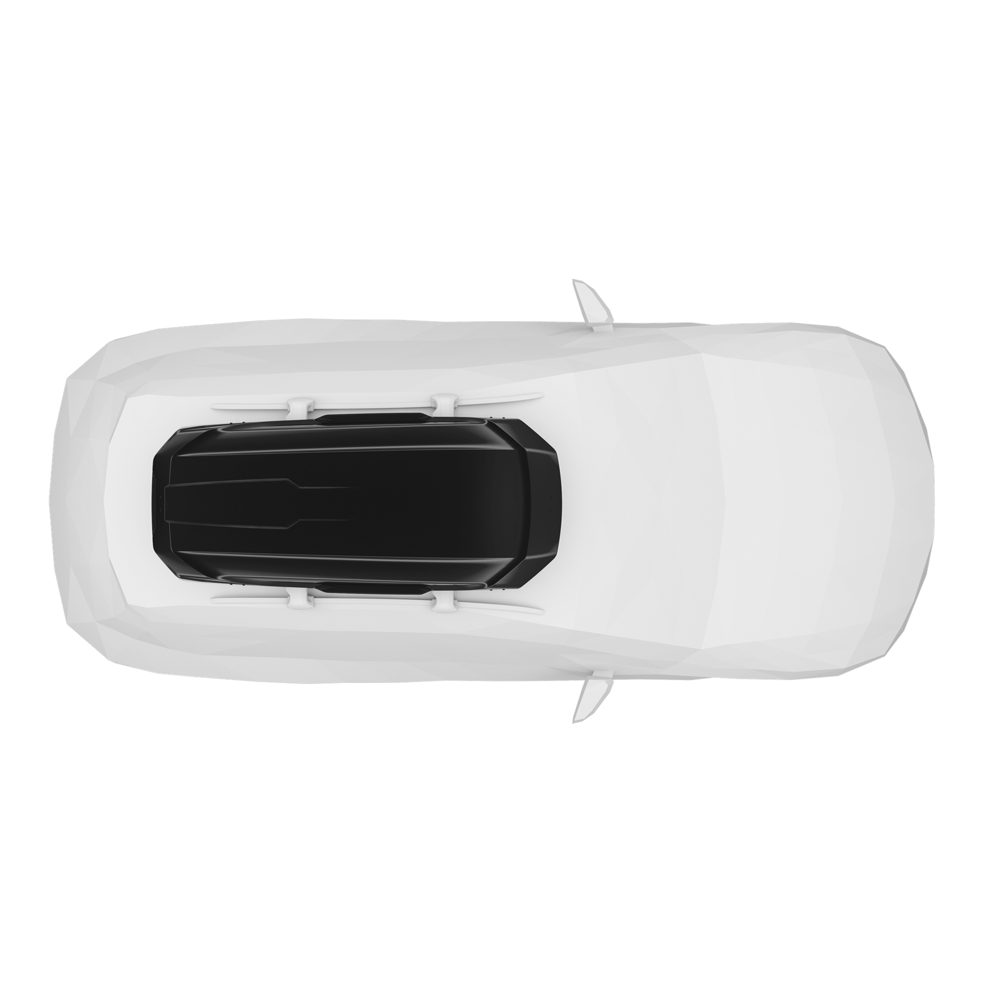 Top-down view of a white car with a sleek, black Thule Motion 3 L Low aerodynamic roof box.