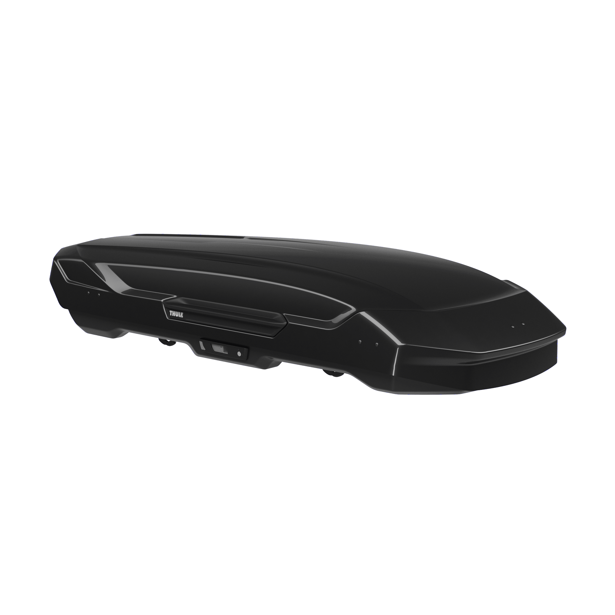 Sleek black Thule Motion 3 L Low roof box with aerodynamic wing-shaped design and Thule logo.