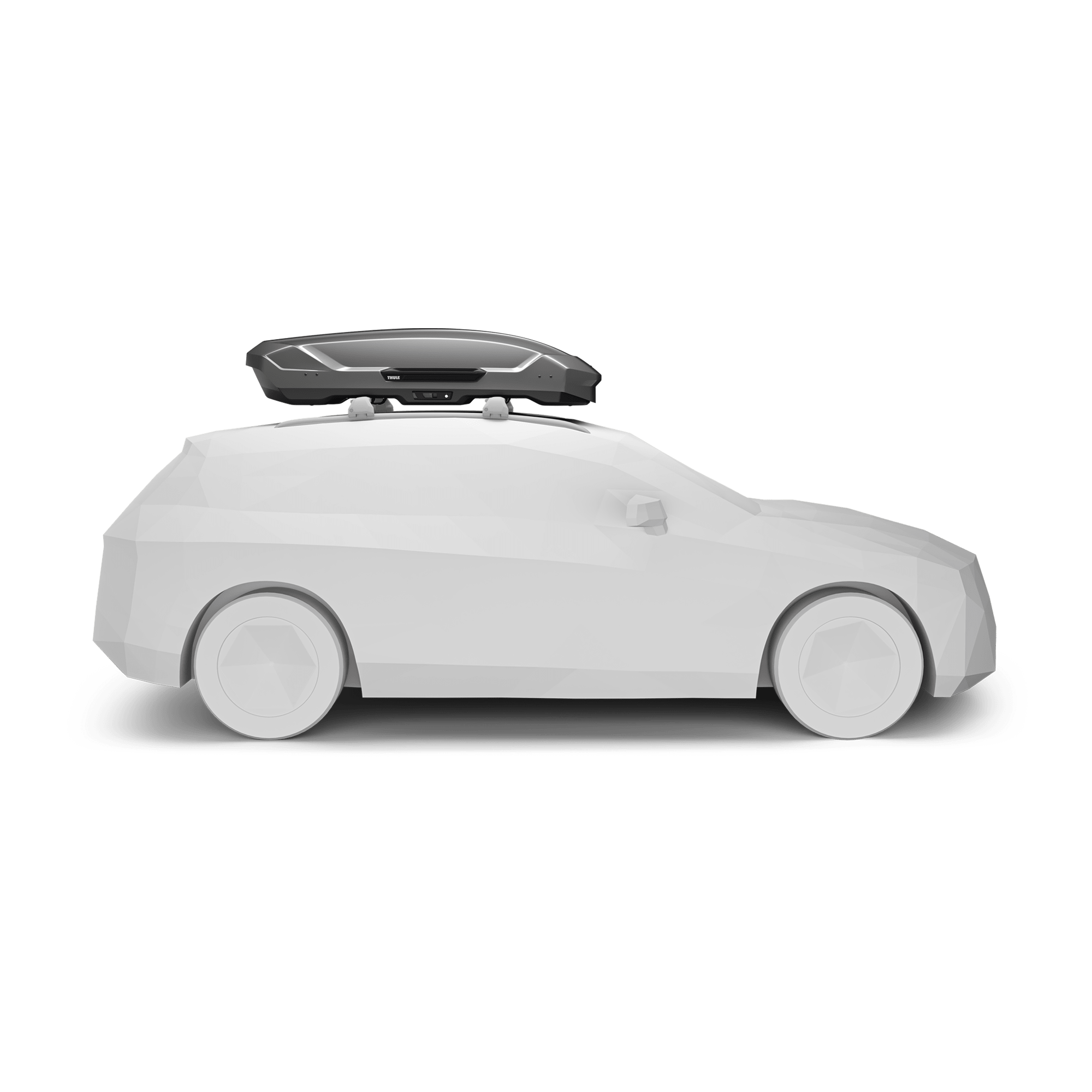 Thule Motion 3 L Titan Glossy roof box on a white car, showcasing its sleek, aerodynamic design.