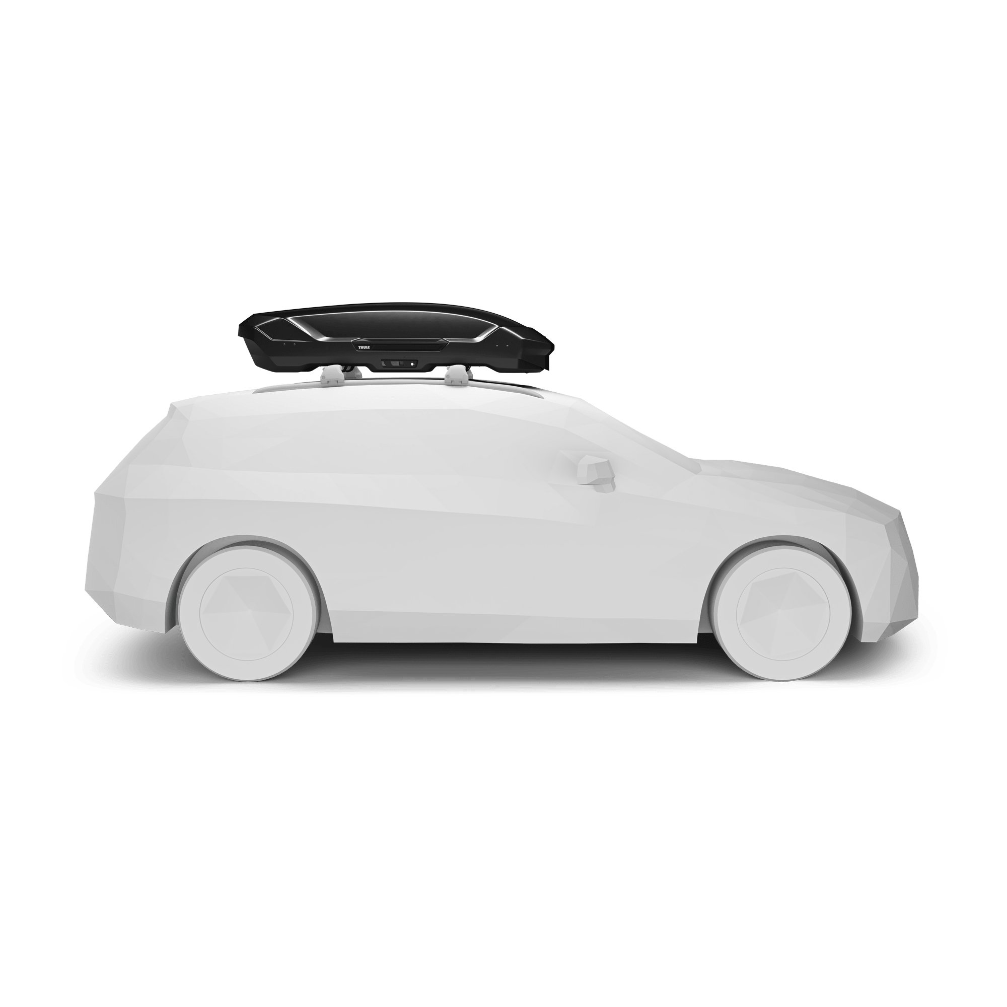 Black Thule Motion 3 Sport roof box on a white car outline, sleek aerodynamic design.