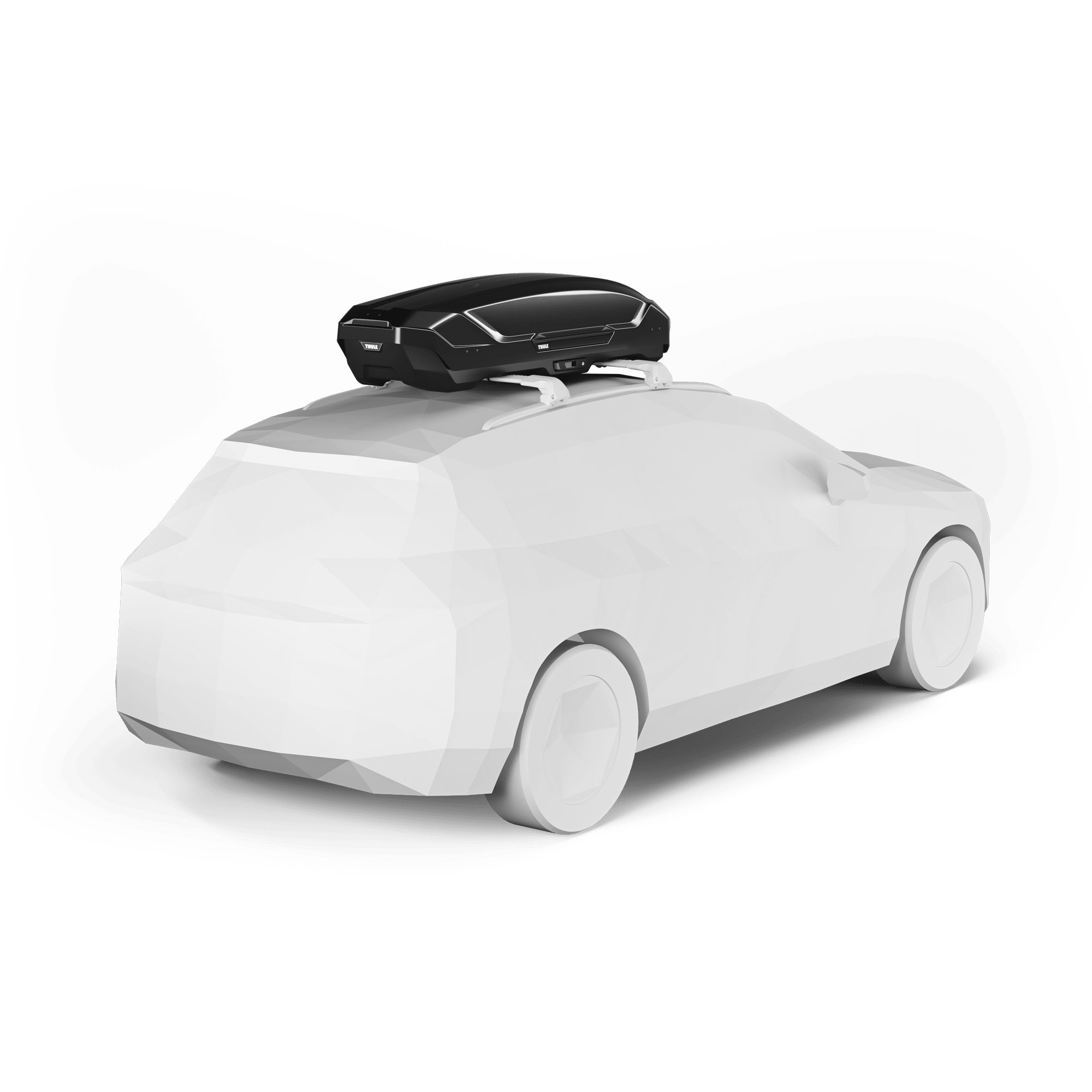 Sleek black Thule Motion 3 Sport roof box on a white car, showcasing its aerodynamic design.