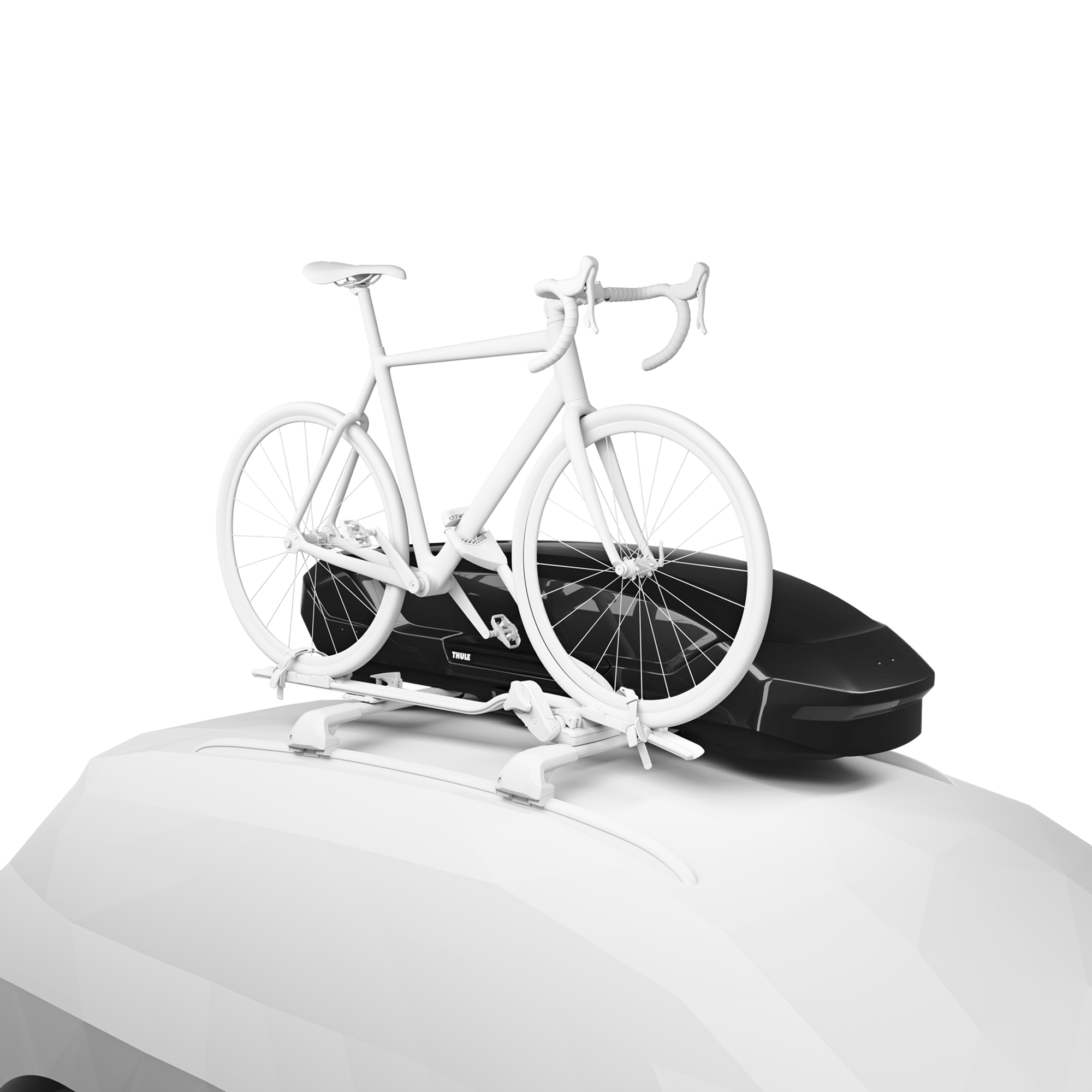 Black Thule Motion 3 Sport roof box and white bike rack with a white road bike on a car roof.