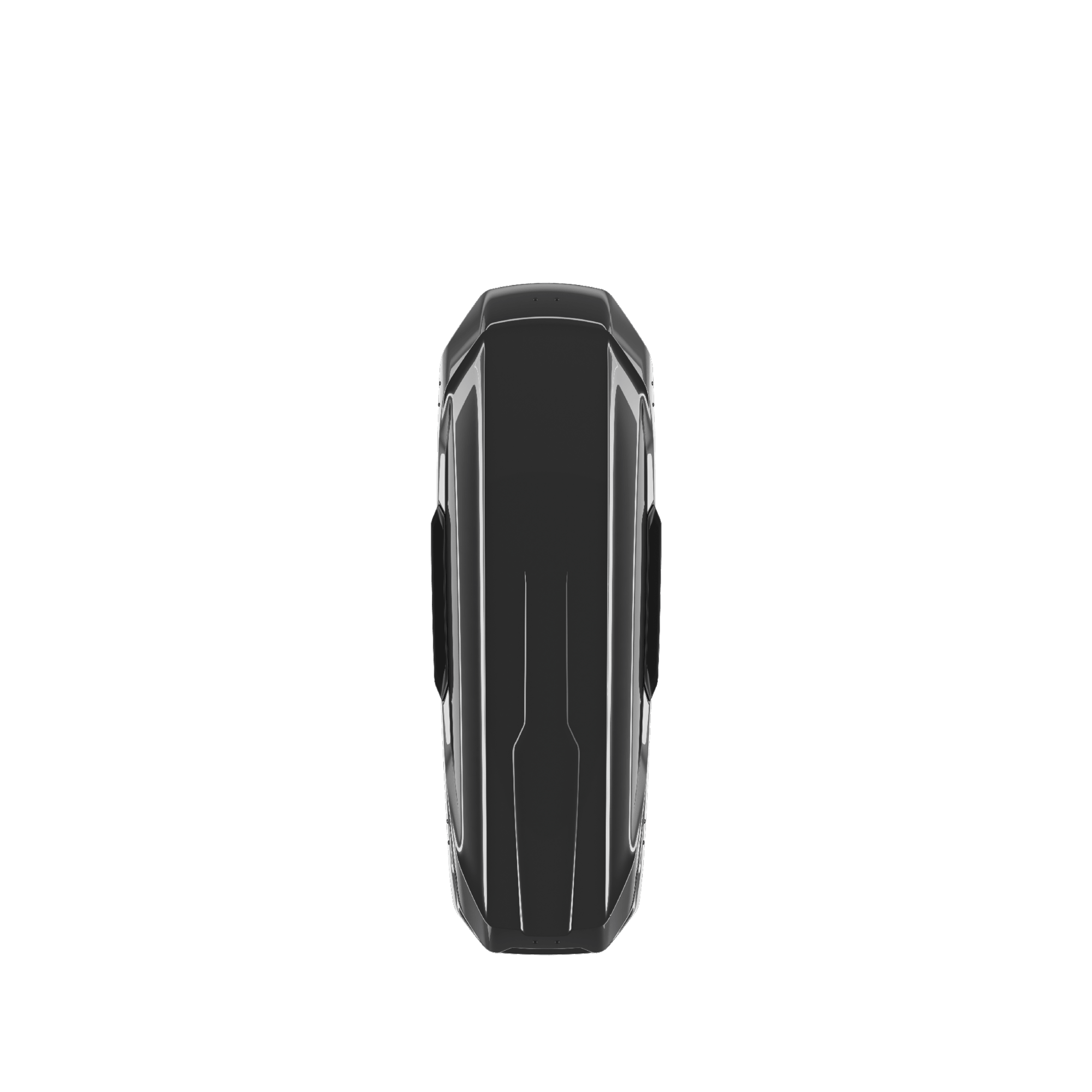 Sleek black Thule Motion 3 Sport roof box with aerodynamic, wing-shaped profile on white background.