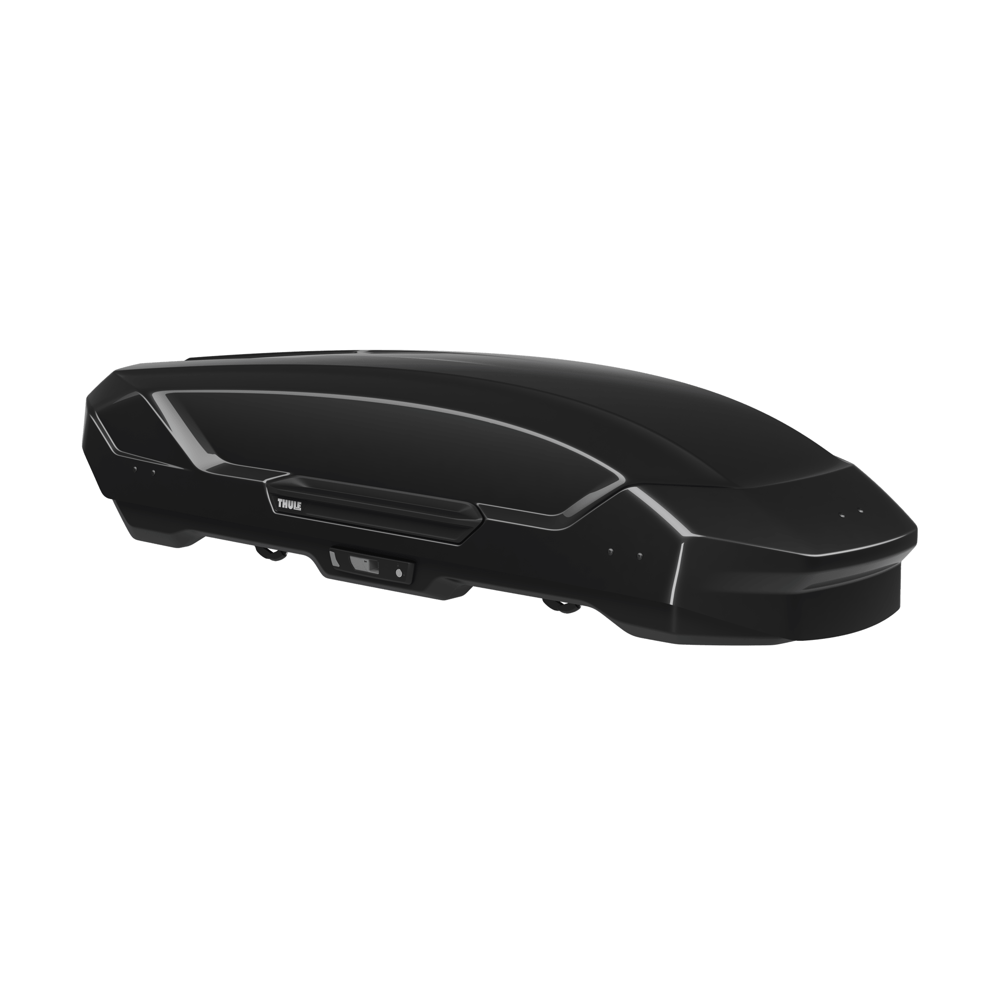 Sleek black Thule Motion 3 Sport roof box with aerodynamic, wing-shaped profile and durable ABS plastic.