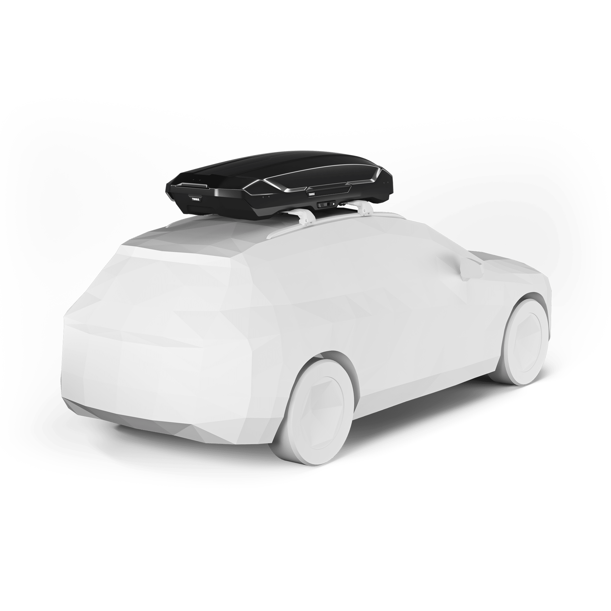 Sleek black glossy Thule Motion 3 XL roof box on a white car, showcasing its aerodynamic design.