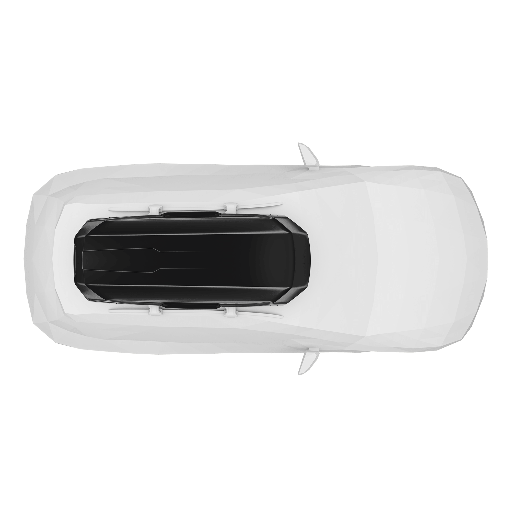 Top-down view of a white car with a sleek, black glossy Thule Motion 3 XL roof box.