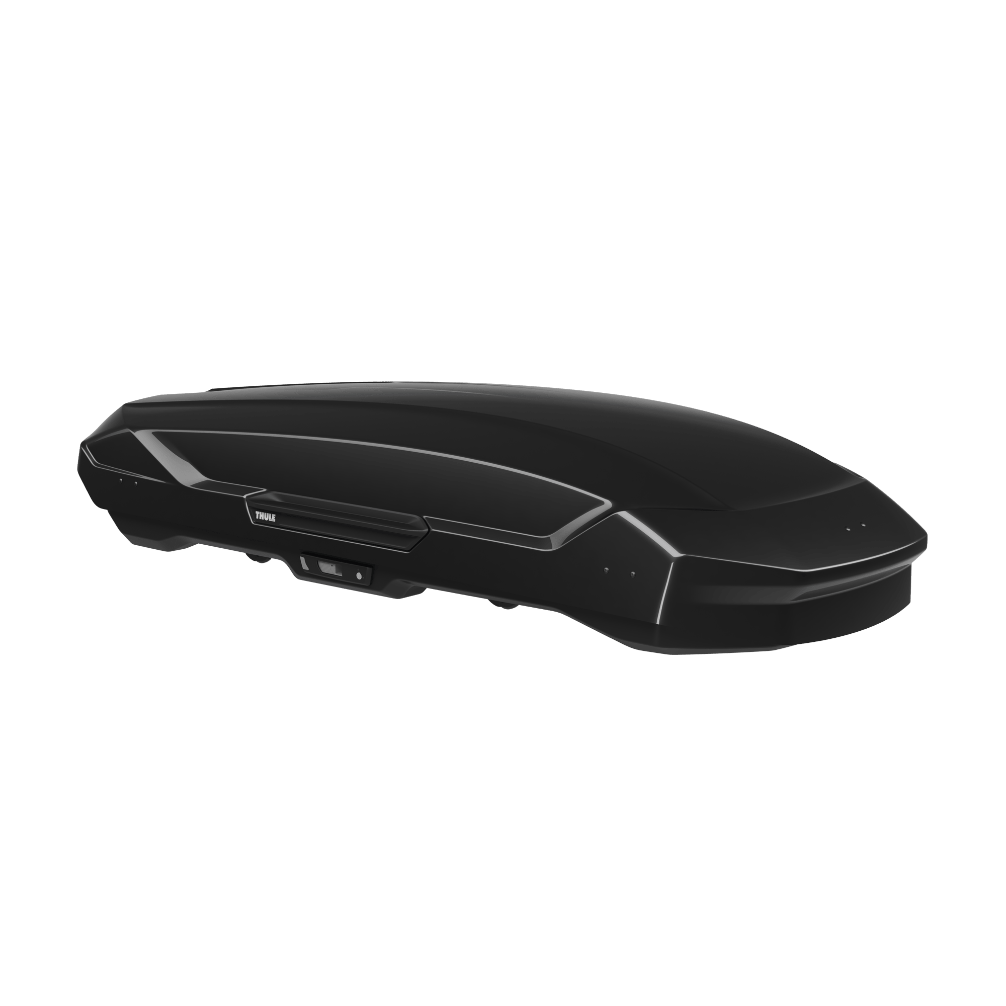 Sleek black glossy Thule Motion 3 XL roof box with aerodynamic design and forward-leaning nose.