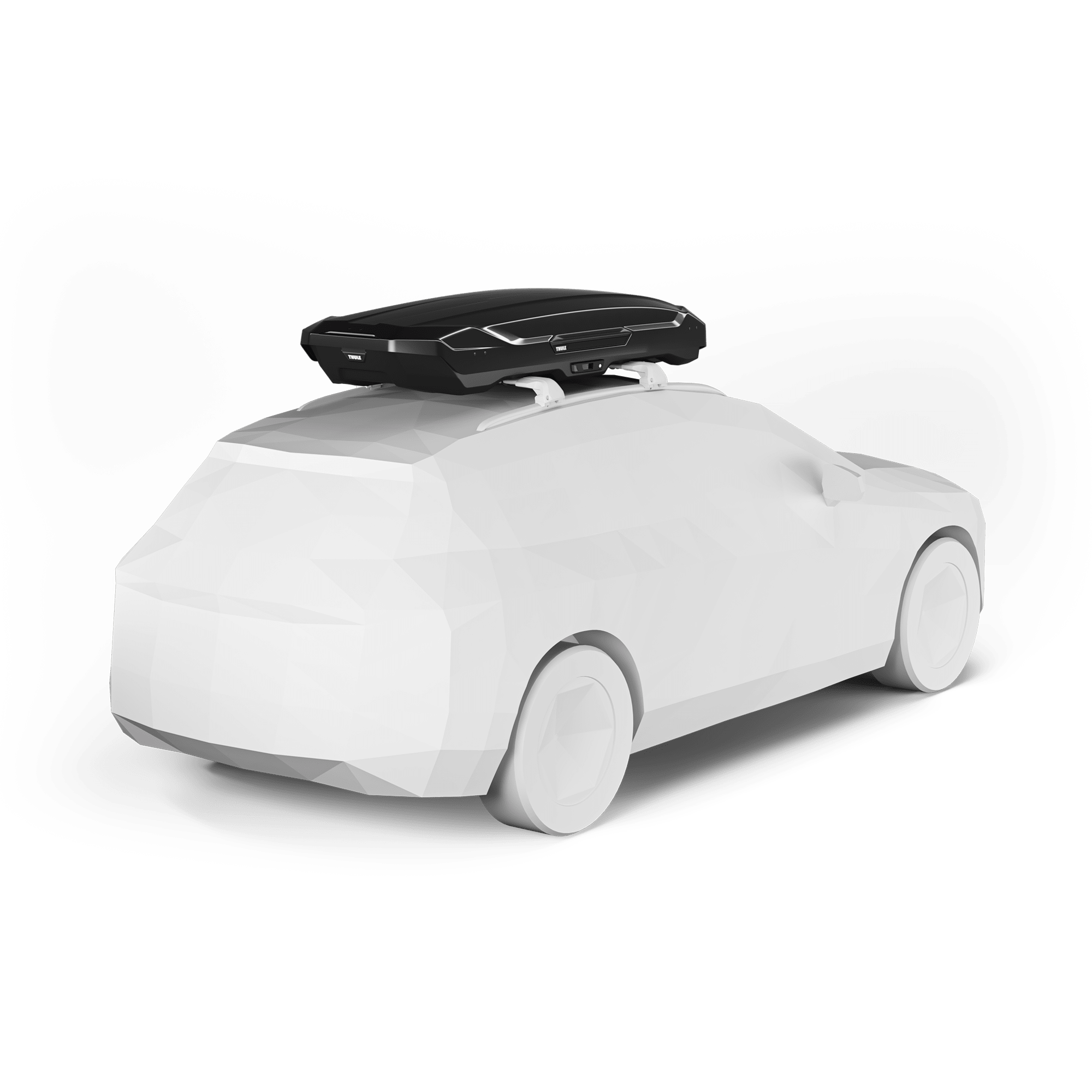 Black glossy Thule Motion 3 XL Low roof box on a white polygonal car, showcasing its sleek, aerodynamic design.