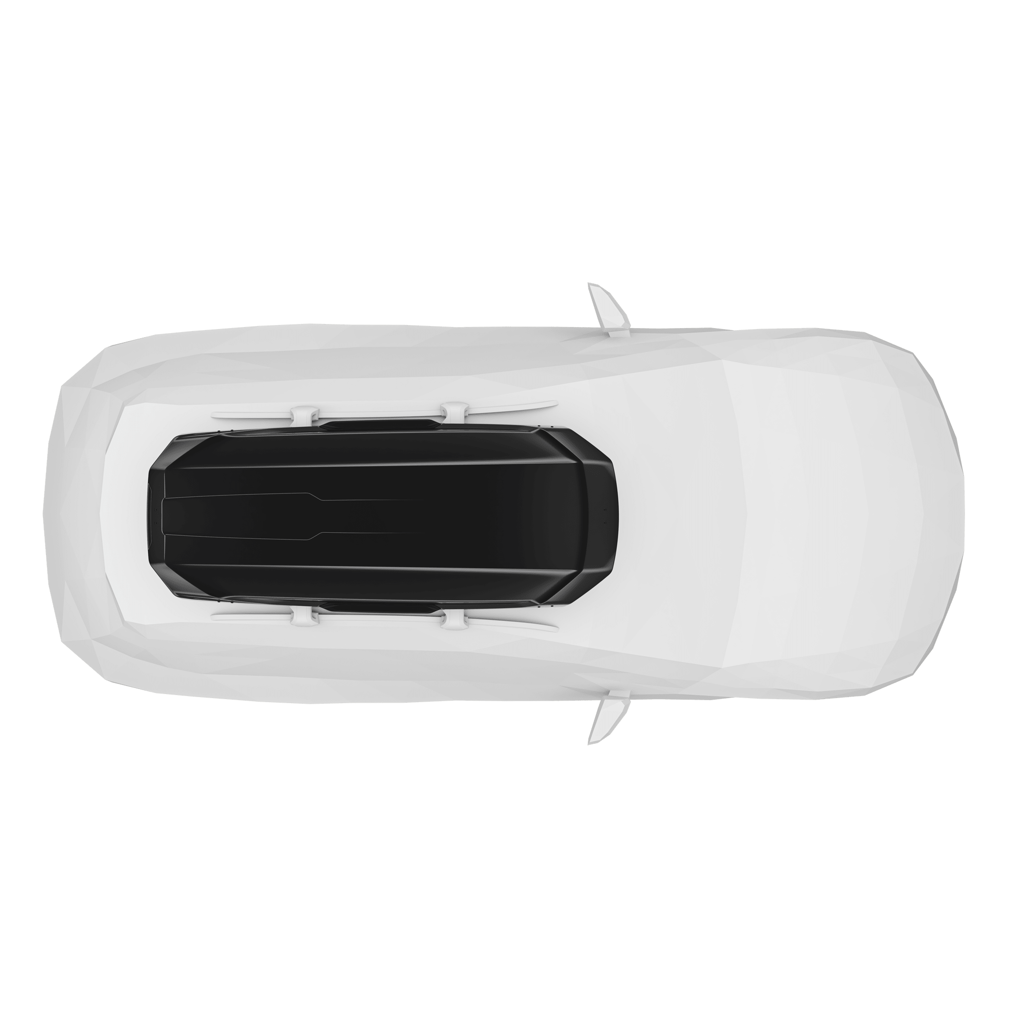Thule Motion 3 XL Low black glossy roof box mounted on a white car, viewed from above.