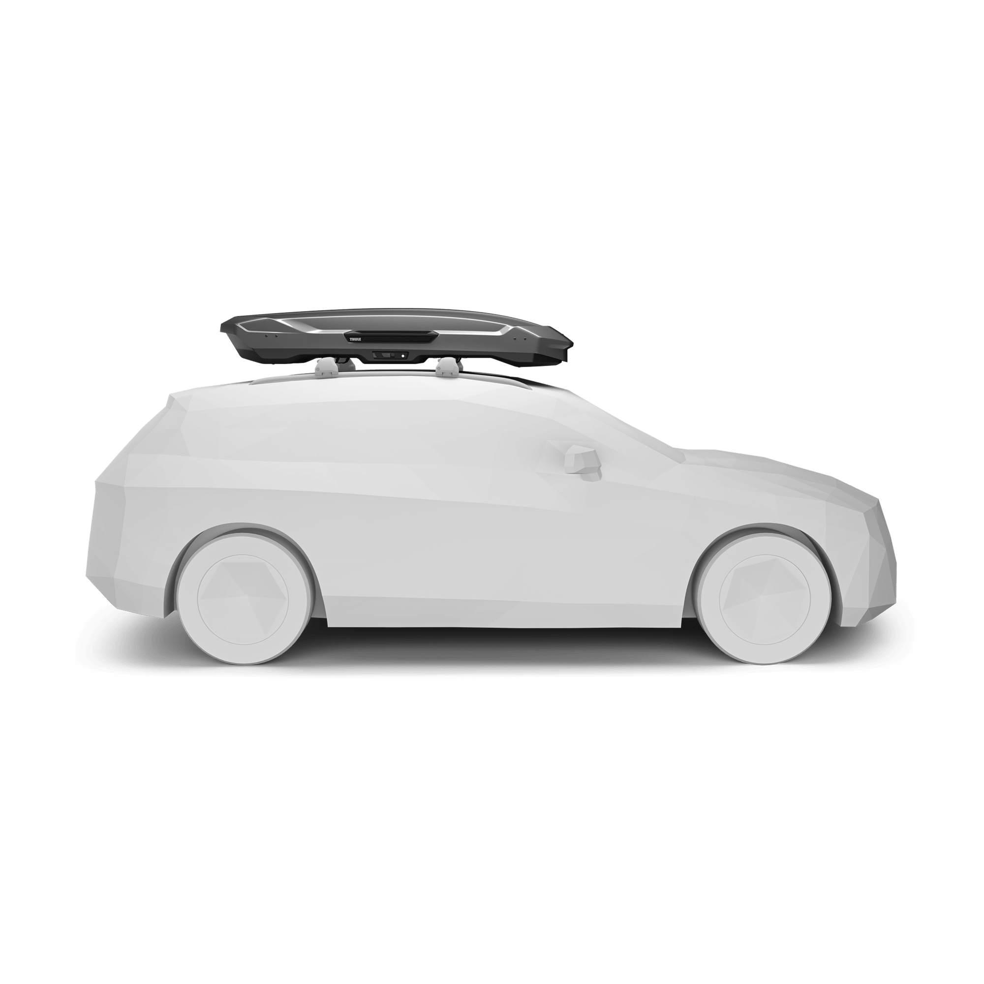 Thule Motion 3 XL Low roof box in titan glossy, mounted on a white car.