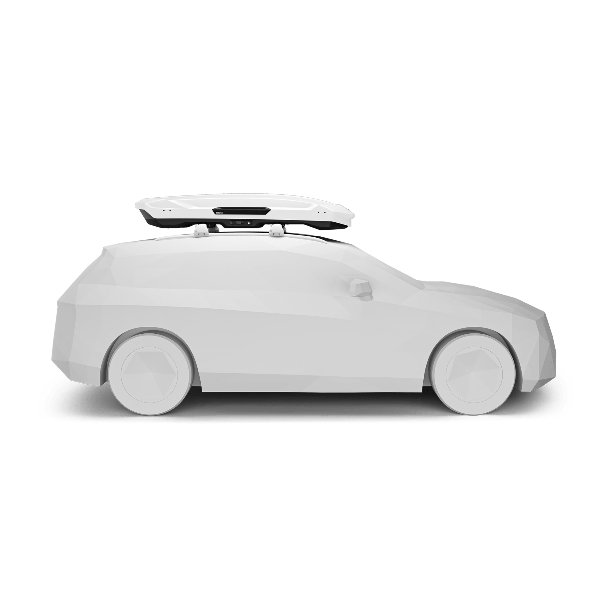 White Thule Motion 3 XL Low roof box on a low-poly white car, showcasing its sleek, aerodynamic design.
