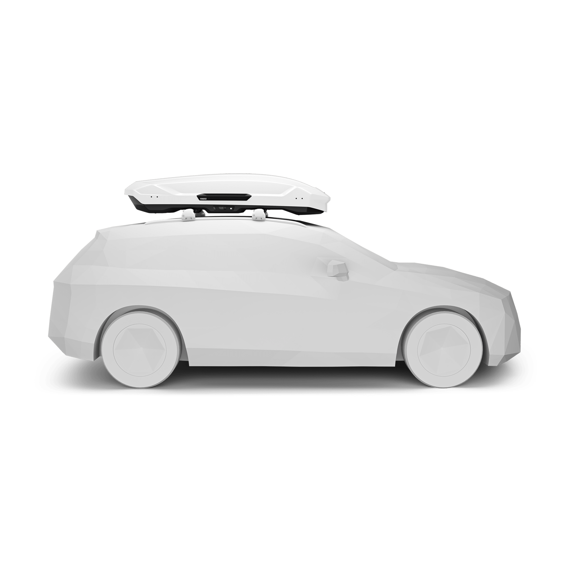 White glossy Thule Motion 3 XL roof box mounted on a white car, showcasing its sleek, aerodynamic design.