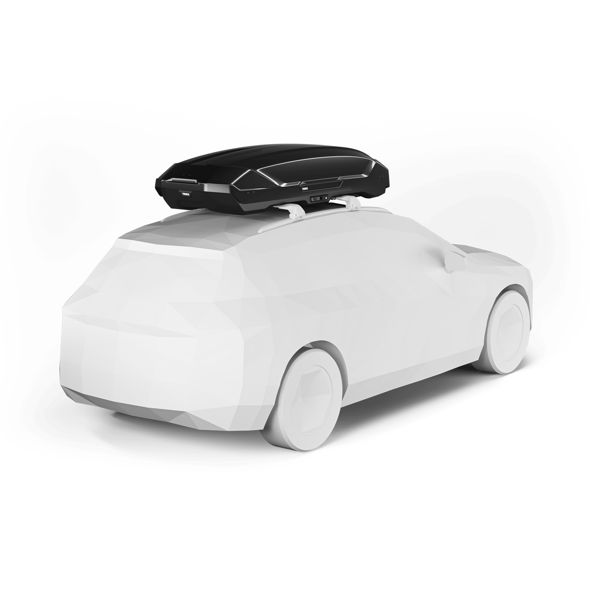 Thule Motion 3 XXL glossy black roof box on a white car, rear view.