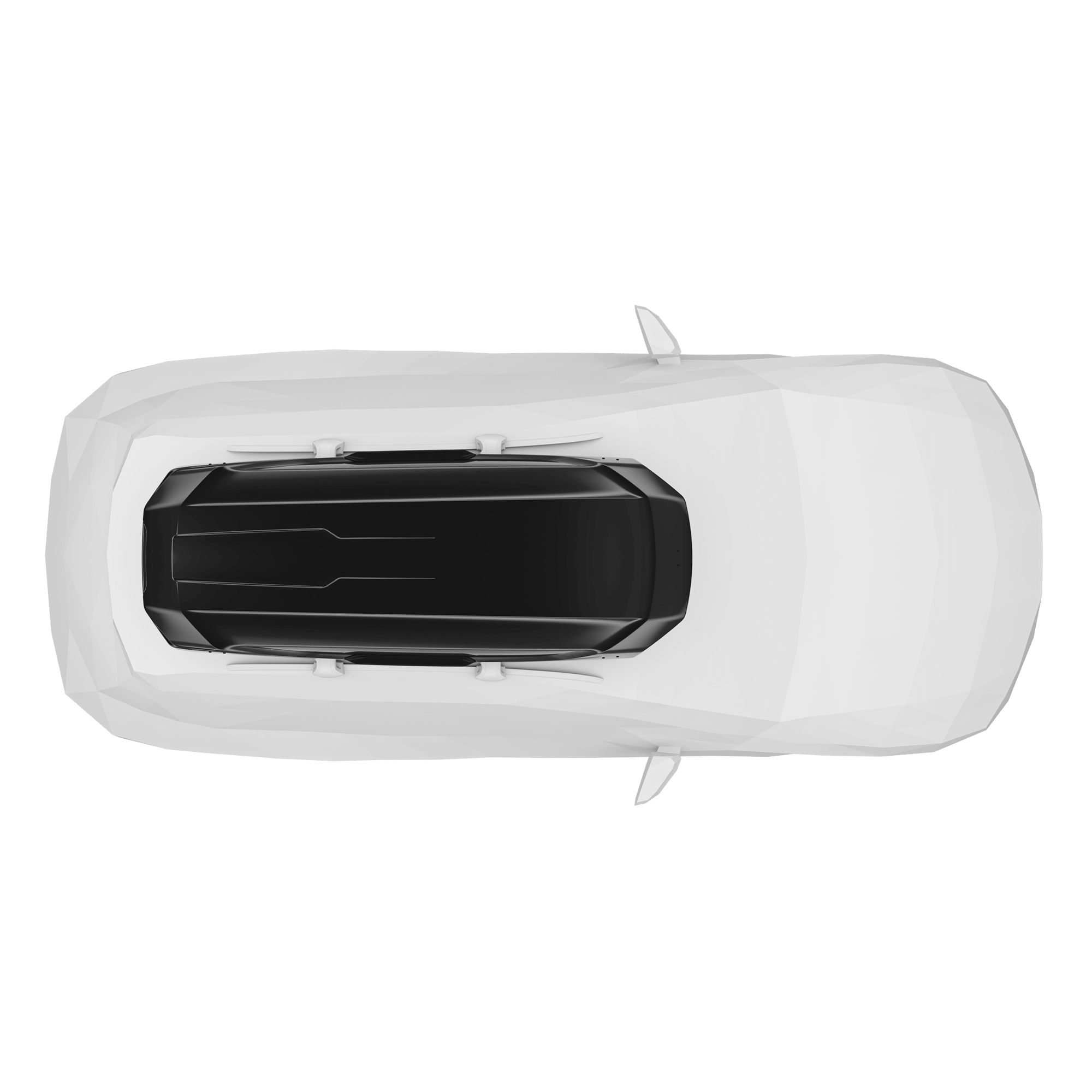 Top-down view of a white car with a glossy black Thule Motion 3 XXL roof box.