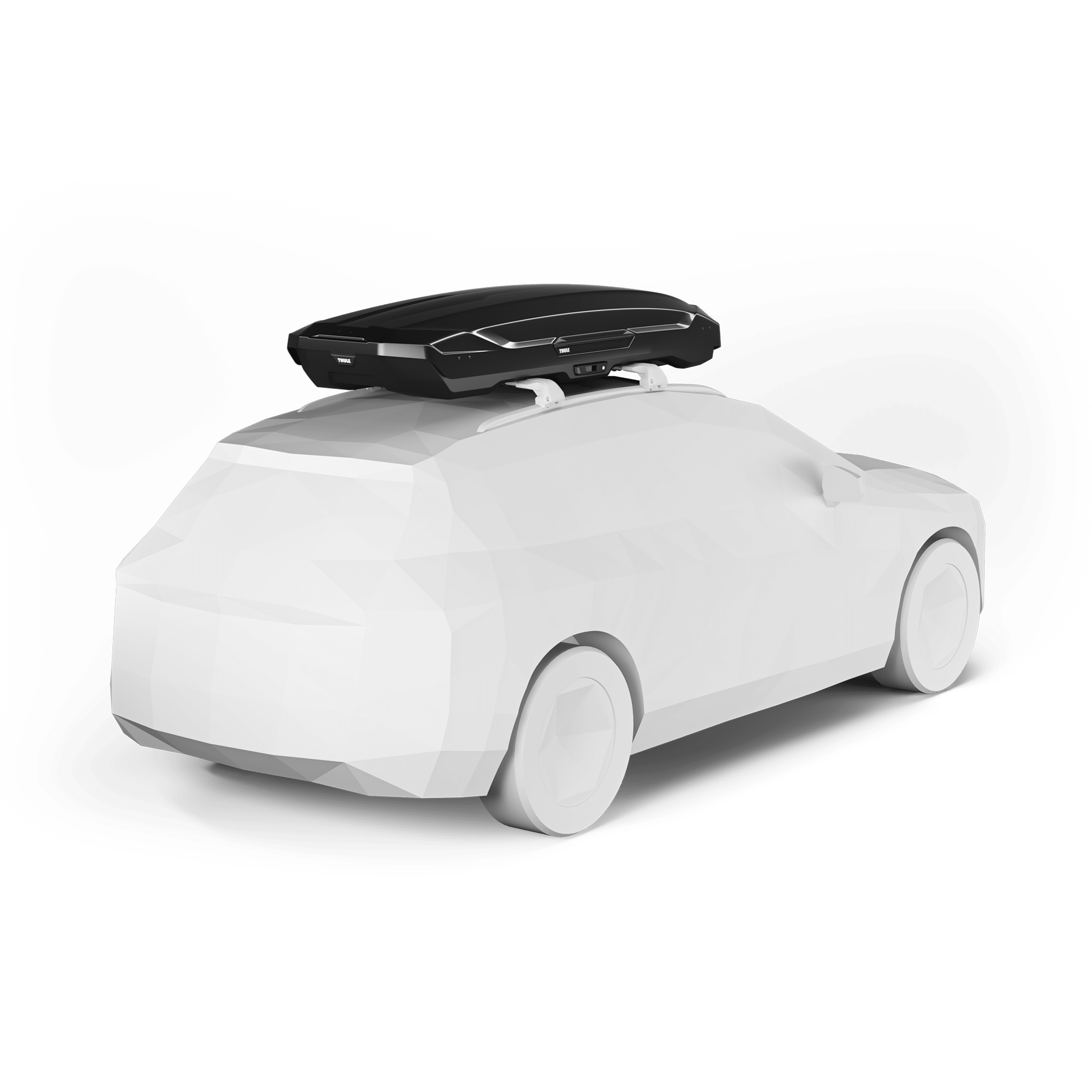 Black Thule Motion 3 XXL Low roof box on a white car, showcasing its sleek, aerodynamic design.