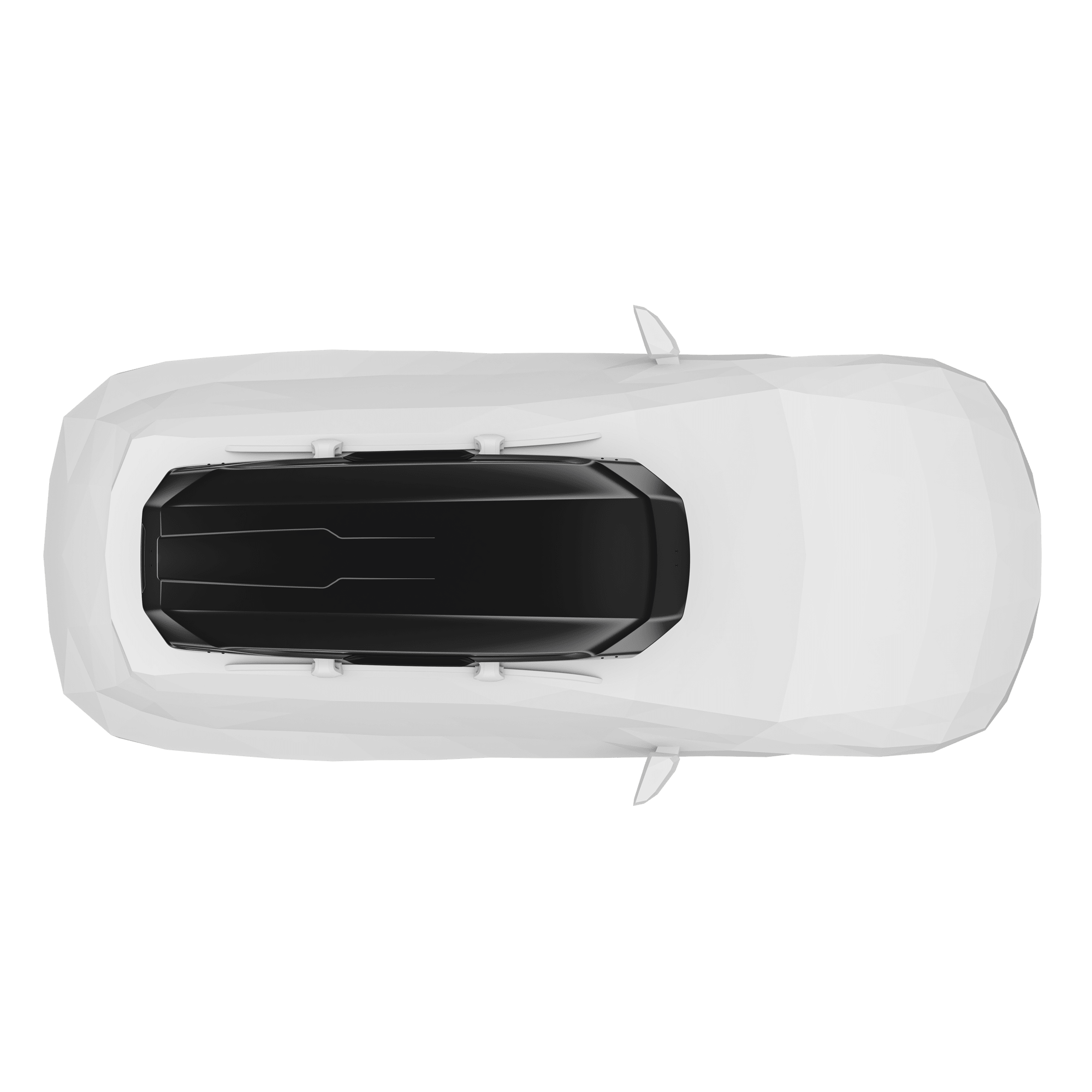Top-down view of a white car with a sleek, black Thule Motion 3 XXL Low roof box.