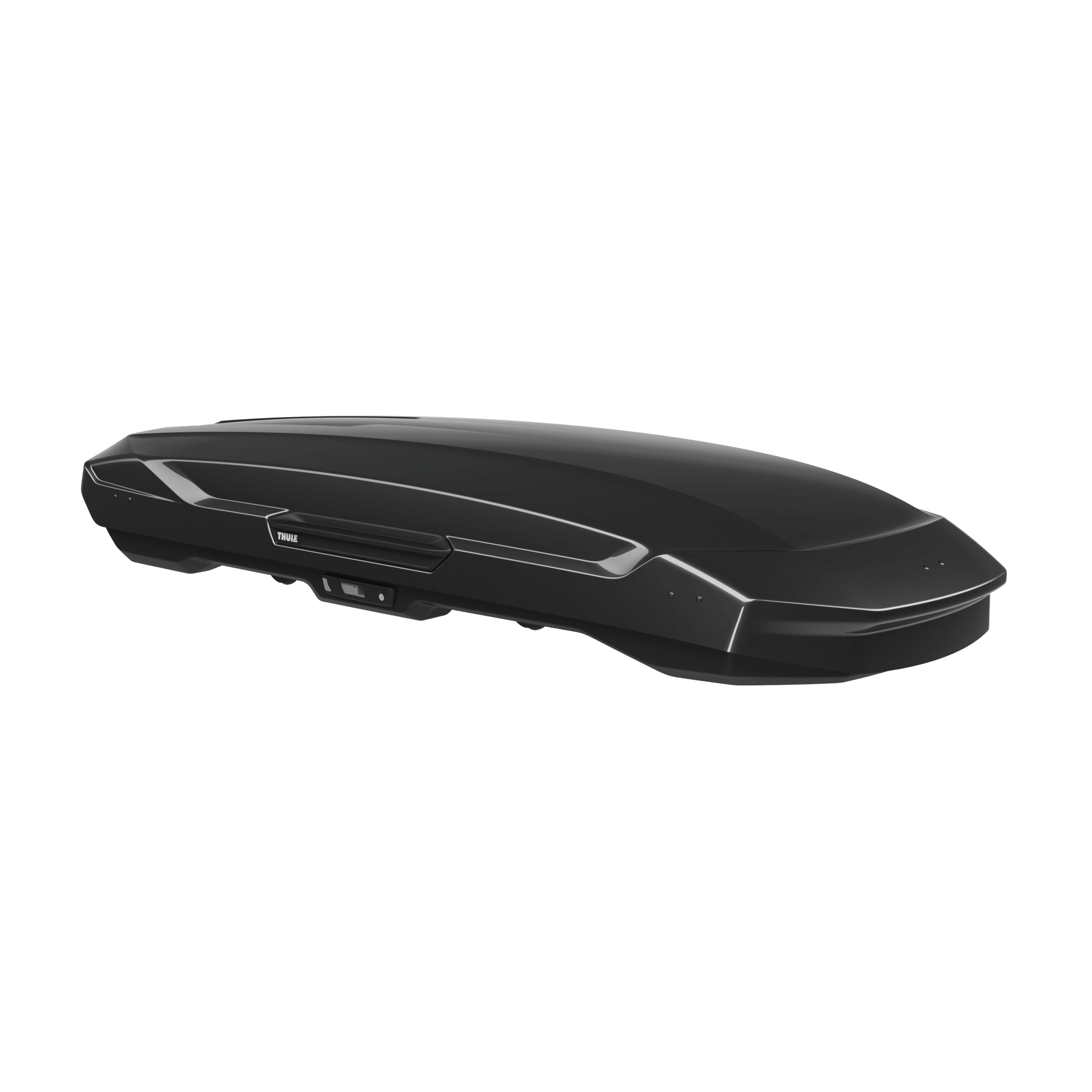 Thule Motion 3 XXL Low roof box in glossy black ABS plastic, featuring a sleek, aerodynamic wing-shaped design.