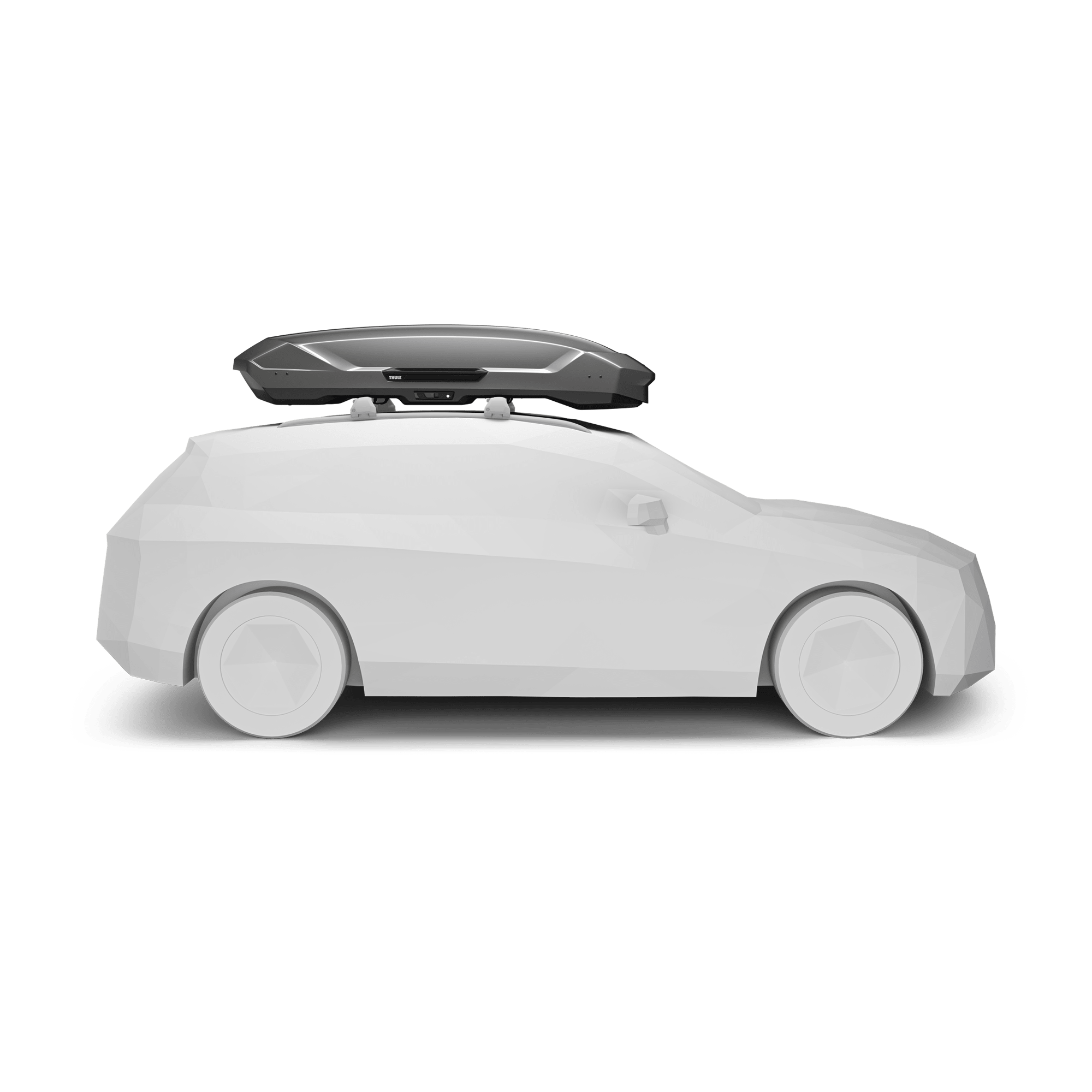 Thule Motion 3 XXL Titan Glossy roof box on a white car, sleek aerodynamic design.