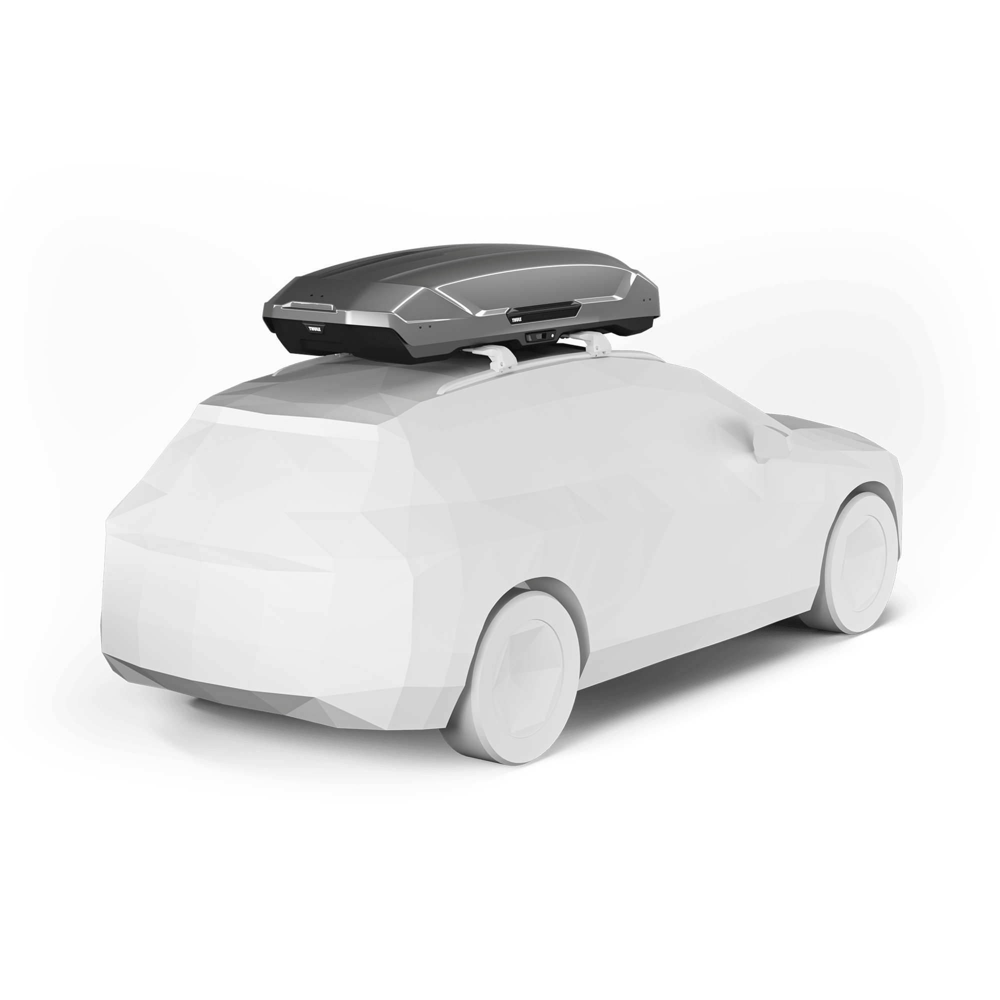 Thule Motion 3 XXL Titan Glossy roof box on a white car, showcasing its sleek, aerodynamic design.