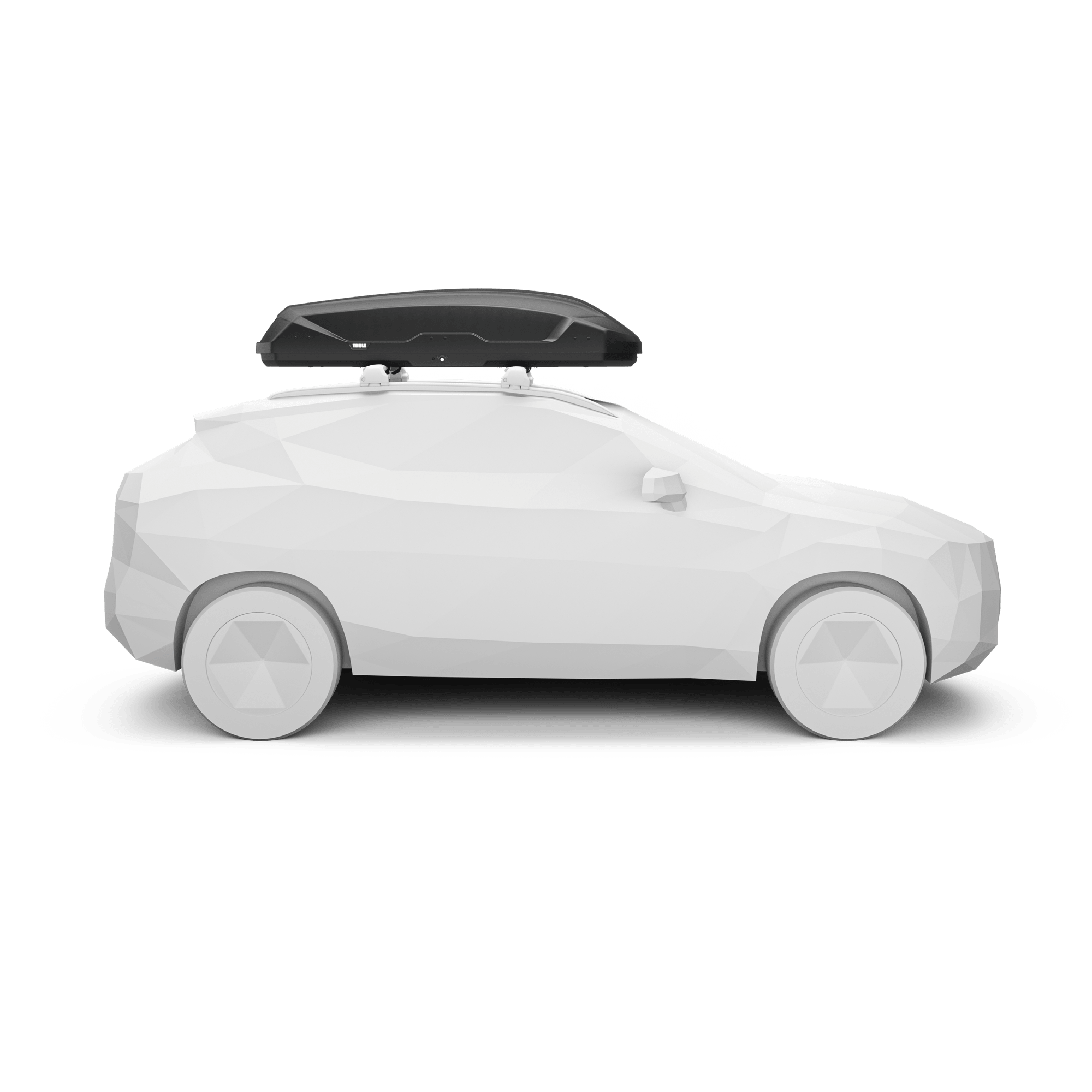 Black Thule Pulse 2 L roof box on a white polygonal car, showcasing its streamlined design.