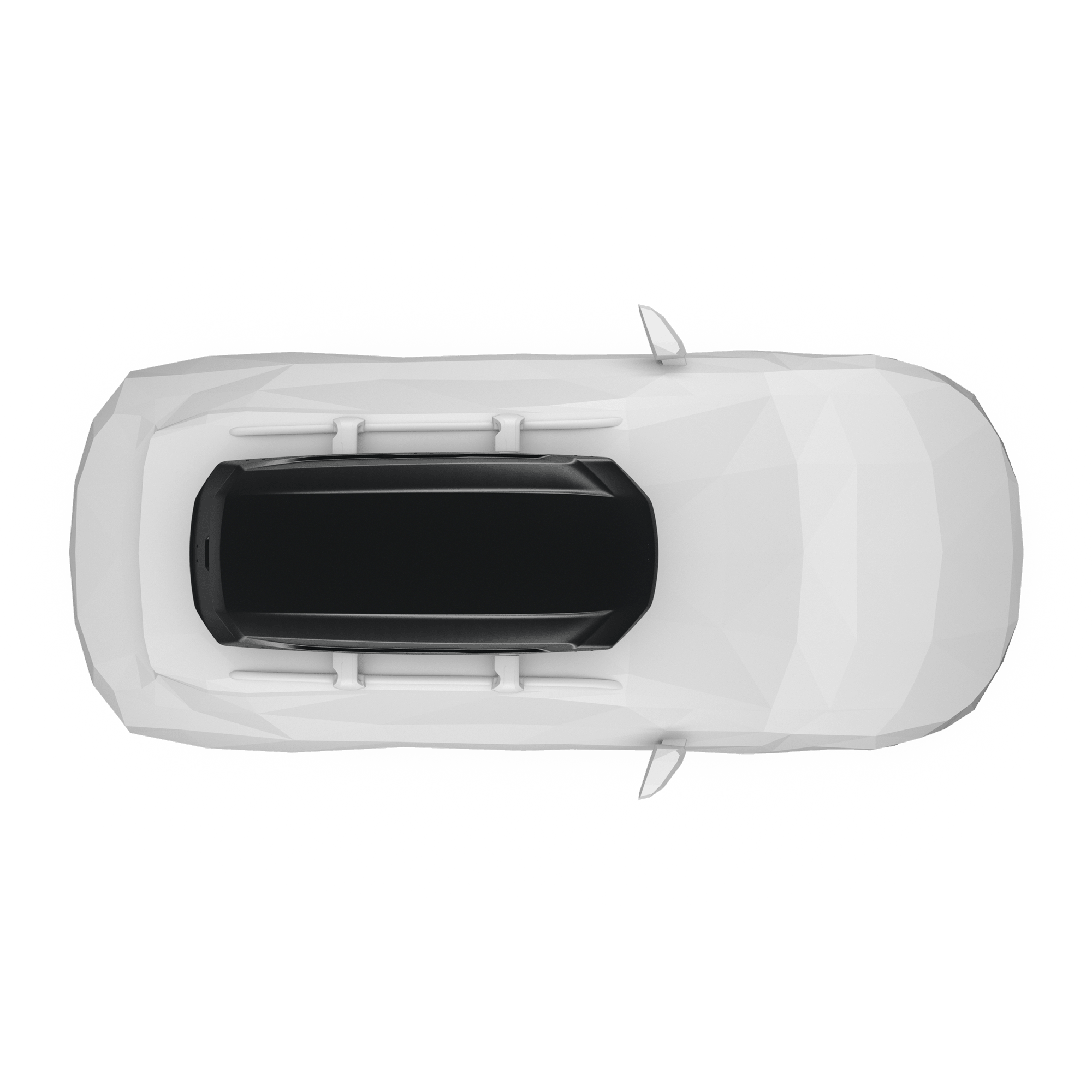 Top-down view of a white car with a sleek, black Thule Pulse 2 L roof box mounted on top.