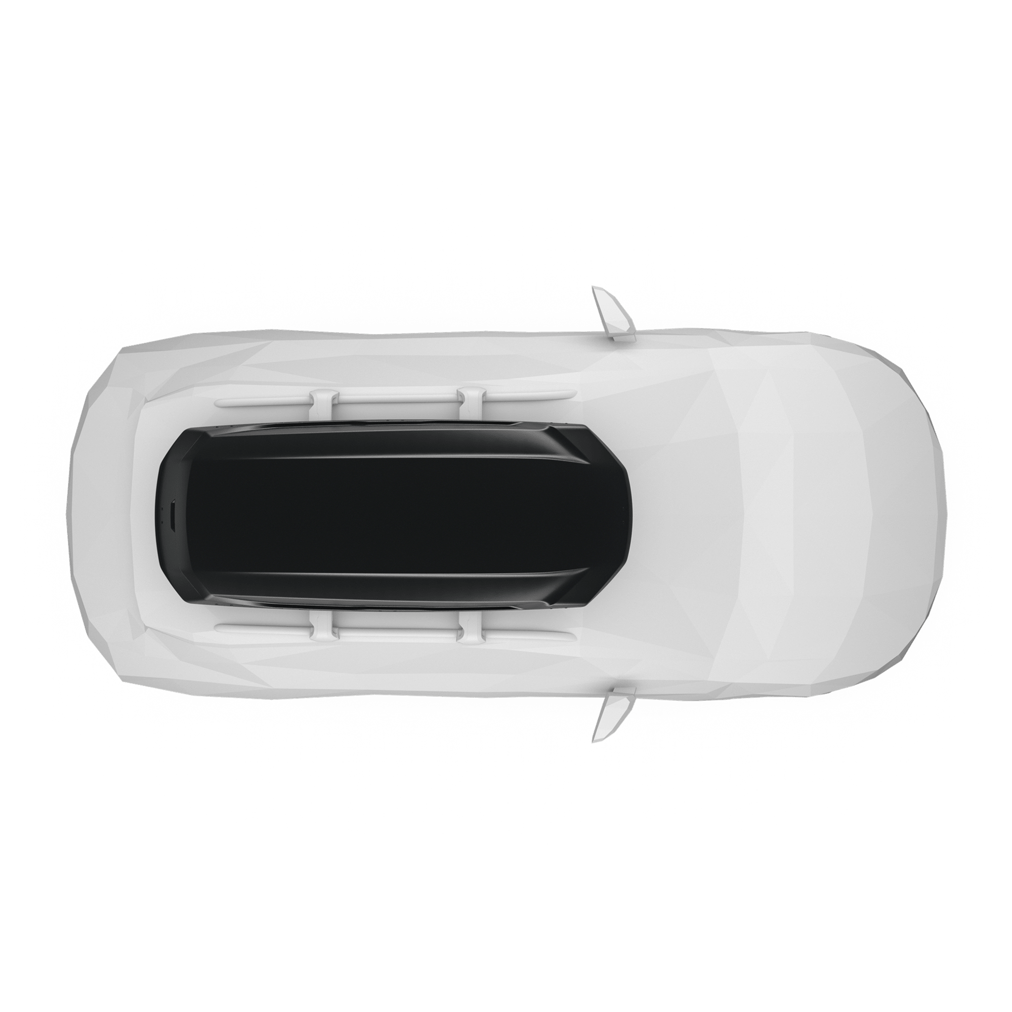 Overhead view of a white car with a sleek, black Thule Pulse 2 XL roof box mounted on top.